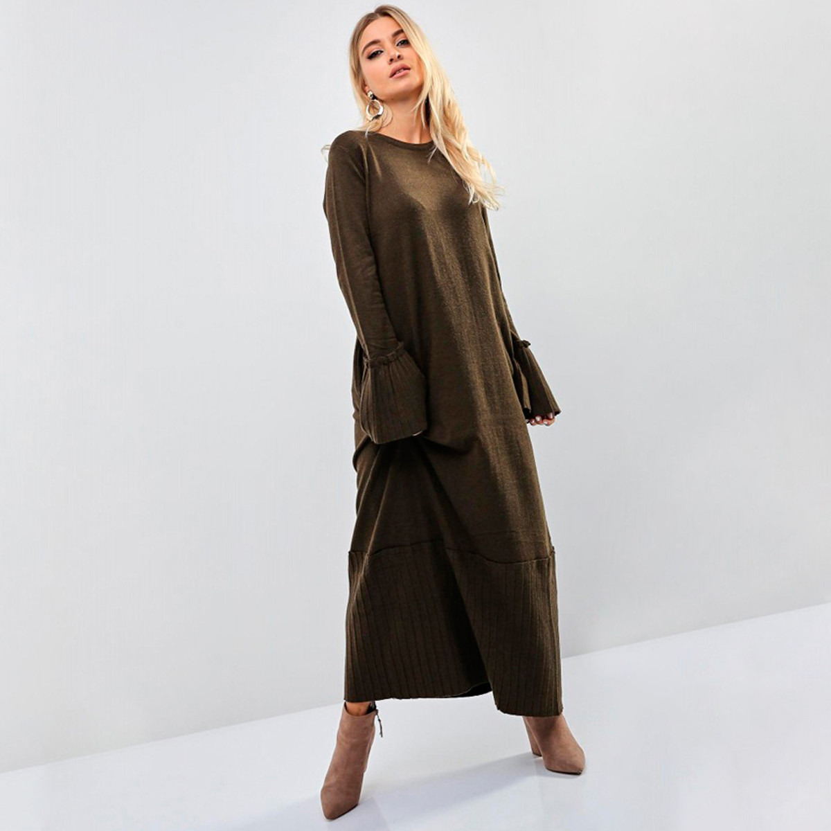 Anotah Textured Maxi Shift Dress with Bell Sleeves-women-clothing-dresses-image-1