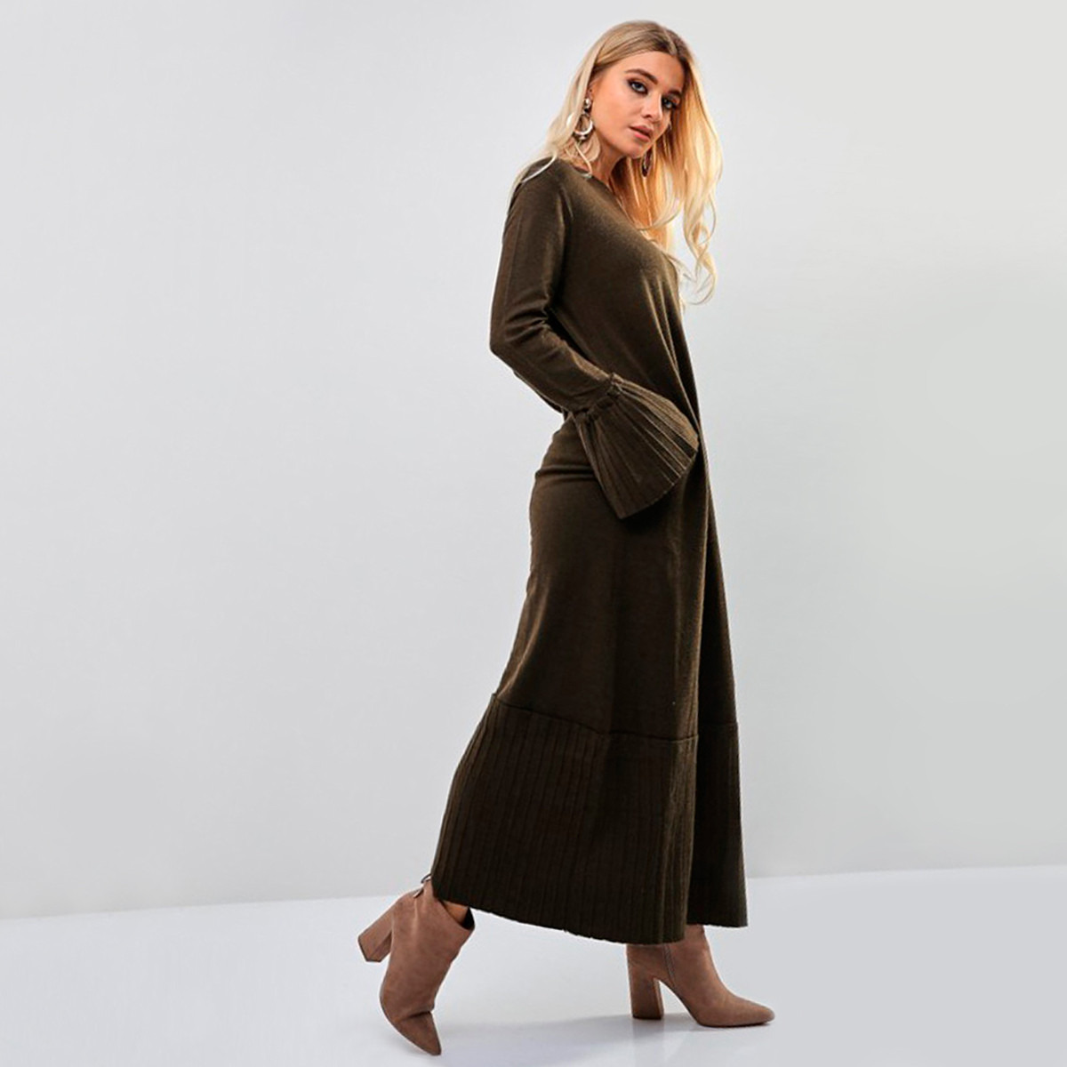 Anotah Textured Maxi Shift Dress with Bell Sleeves-women-clothing-dresses-image-2