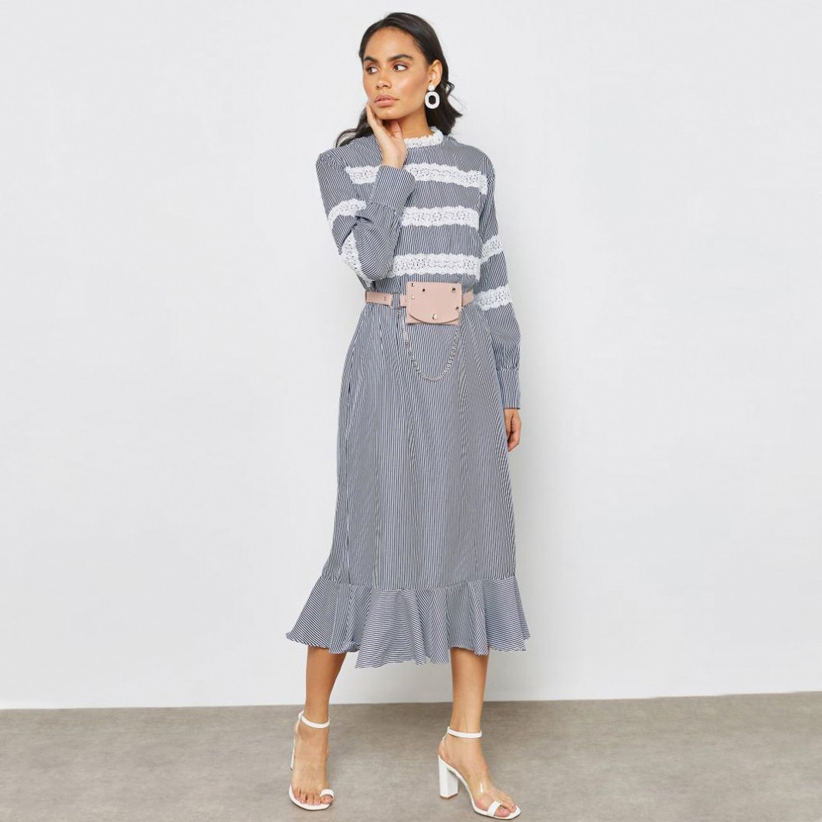 فستان ميدي مخطط إيه لاين بياقة عالية وأكمام طويلة من أنوتاه-women-clothing-dresses-image-1