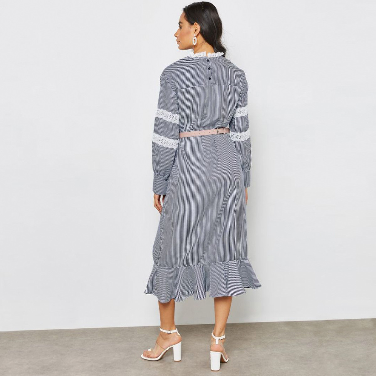 فستان ميدي مخطط إيه لاين بياقة عالية وأكمام طويلة من أنوتاه-women-clothing-dresses-image-2