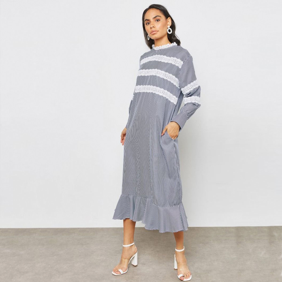 Anotah Striped High Neck A-line Midi Dress with Long Sleeves-women-clothing-dresses-image-4