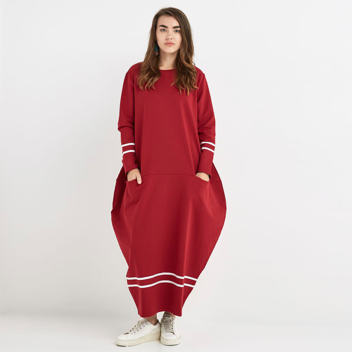 فستان مقلّم طويل بأكمام طويلة وجيوب من أنوتاه-women-clothing-dresses-image-1