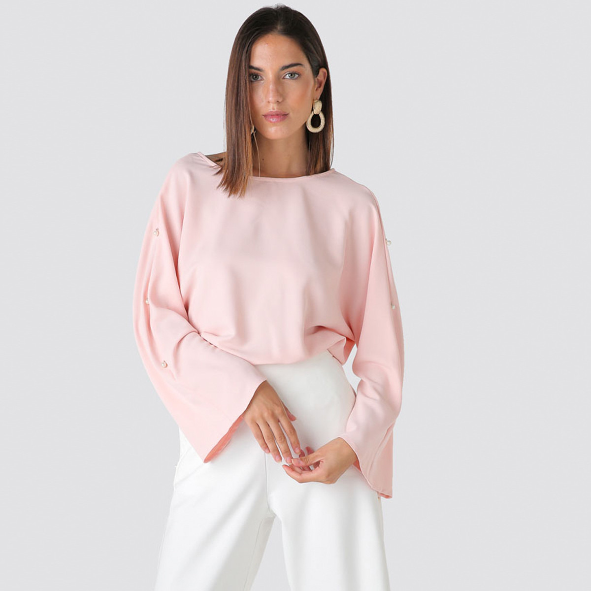 Anotah Pearl Detail Top with Boat Neck and Long Sleeves-women-clothing-shirtsandblouses-blouses-image-1