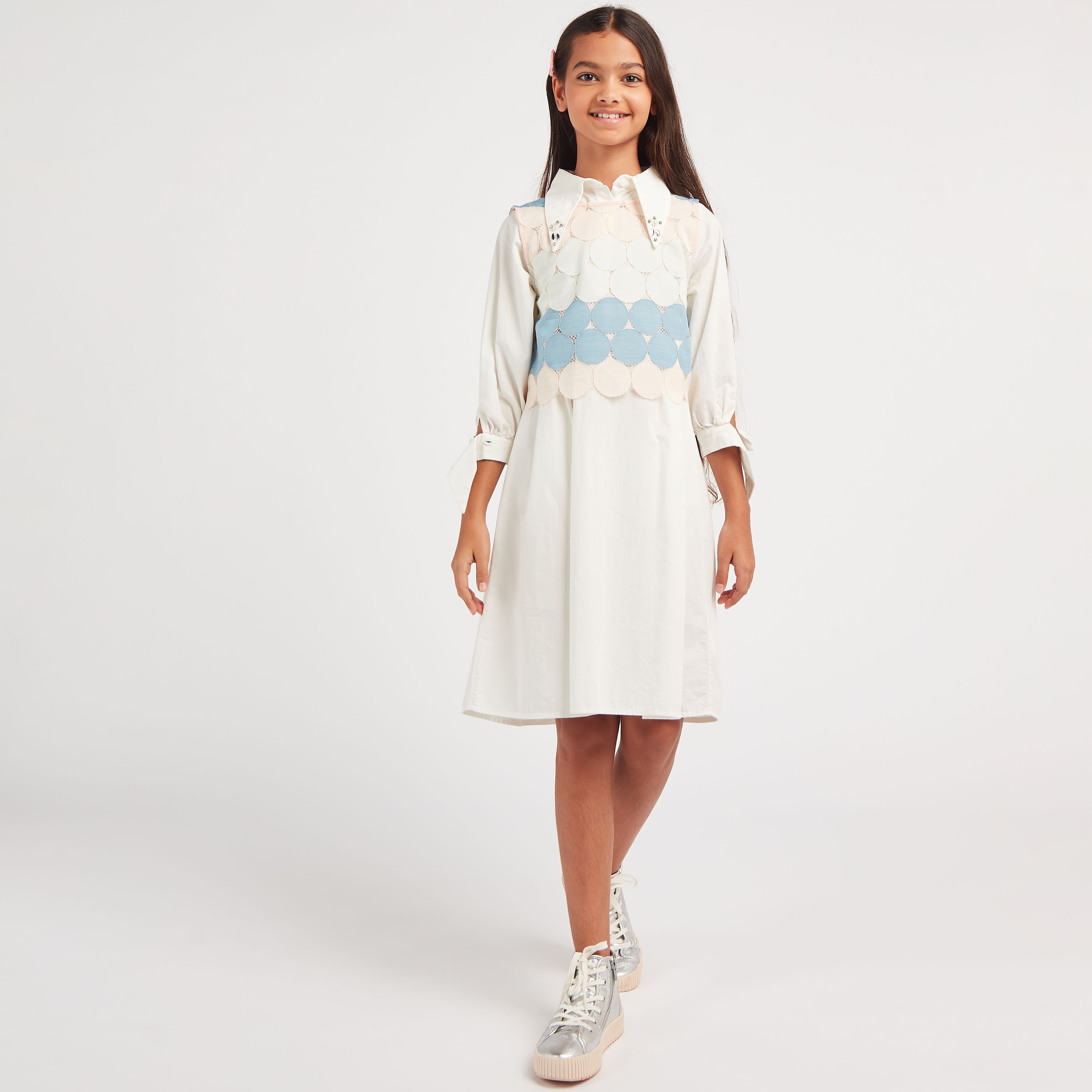Anotah Textured Collared Dress with 3/4 Sleeves-girls-clothing-dressesandjumpsuits-image-1