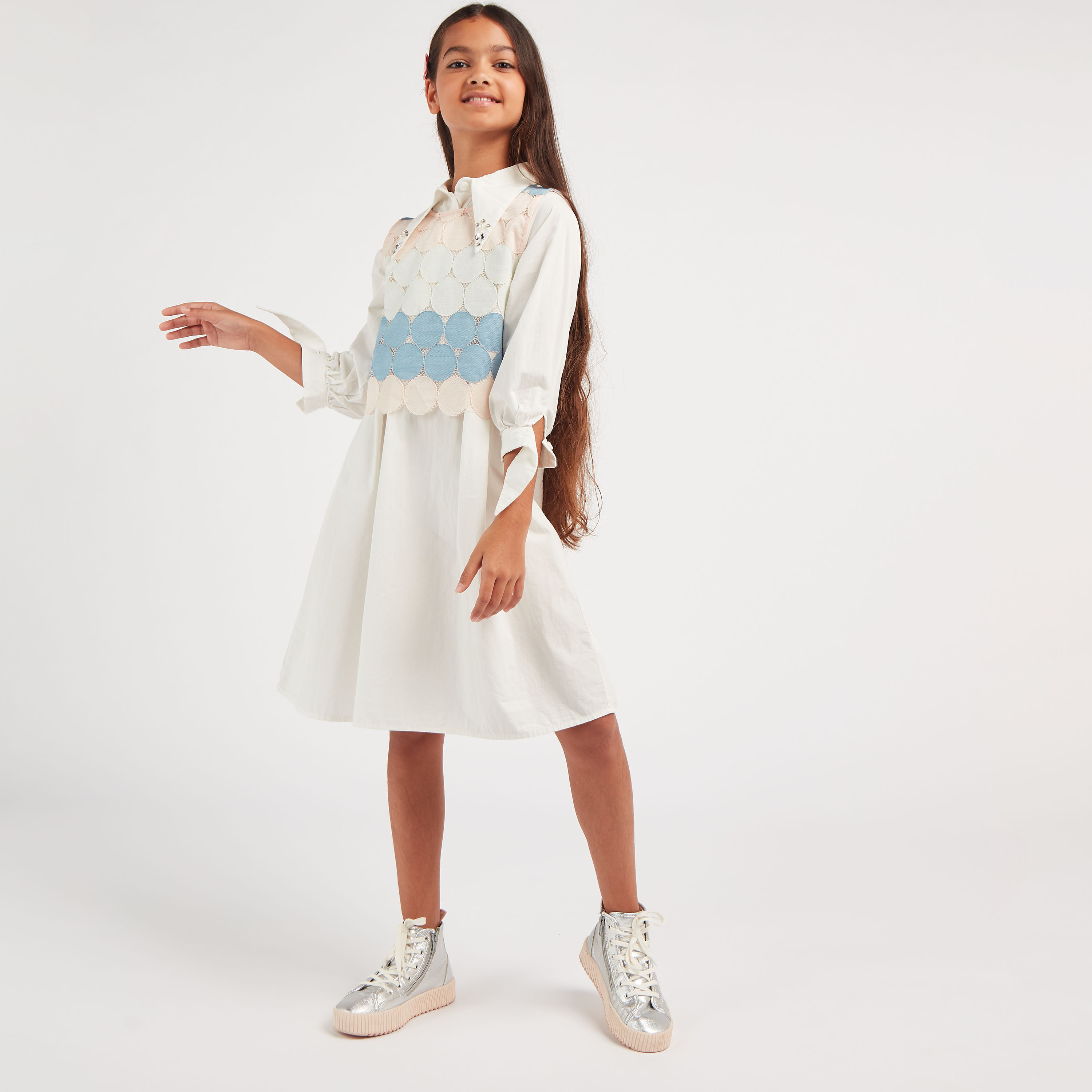 Anotah Textured Collared Dress with 3/4 Sleeves-girls-clothing-dressesandjumpsuits-image-2