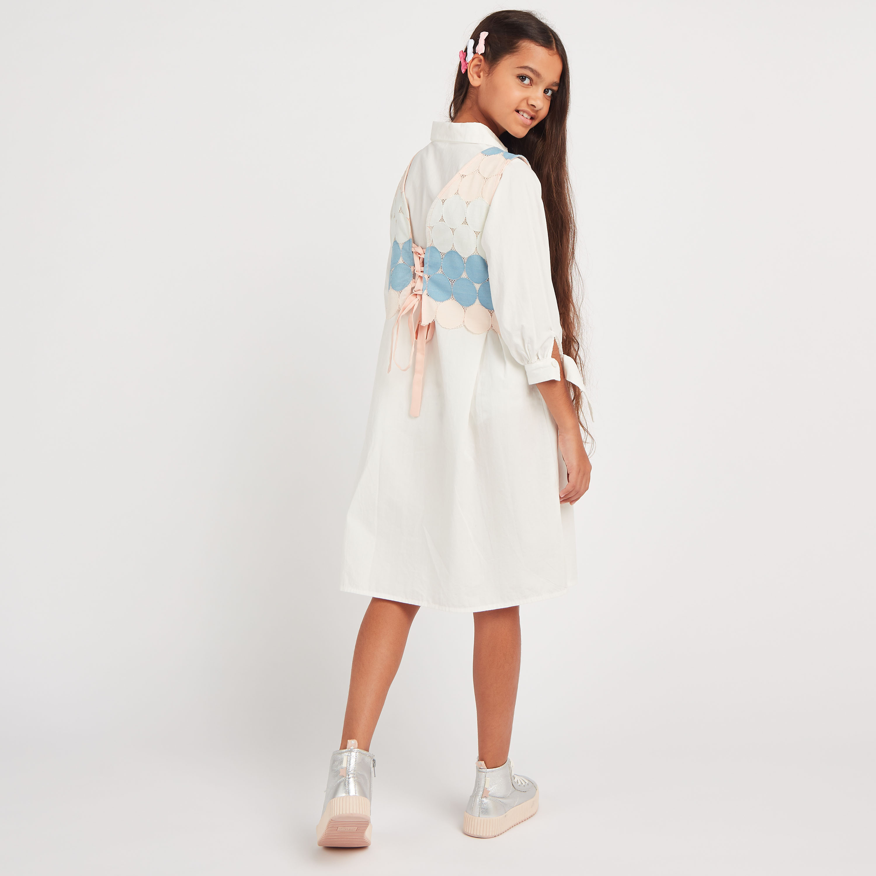 Anotah Textured Collared Dress with 3/4 Sleeves-girls-clothing-dressesandjumpsuits-image-4