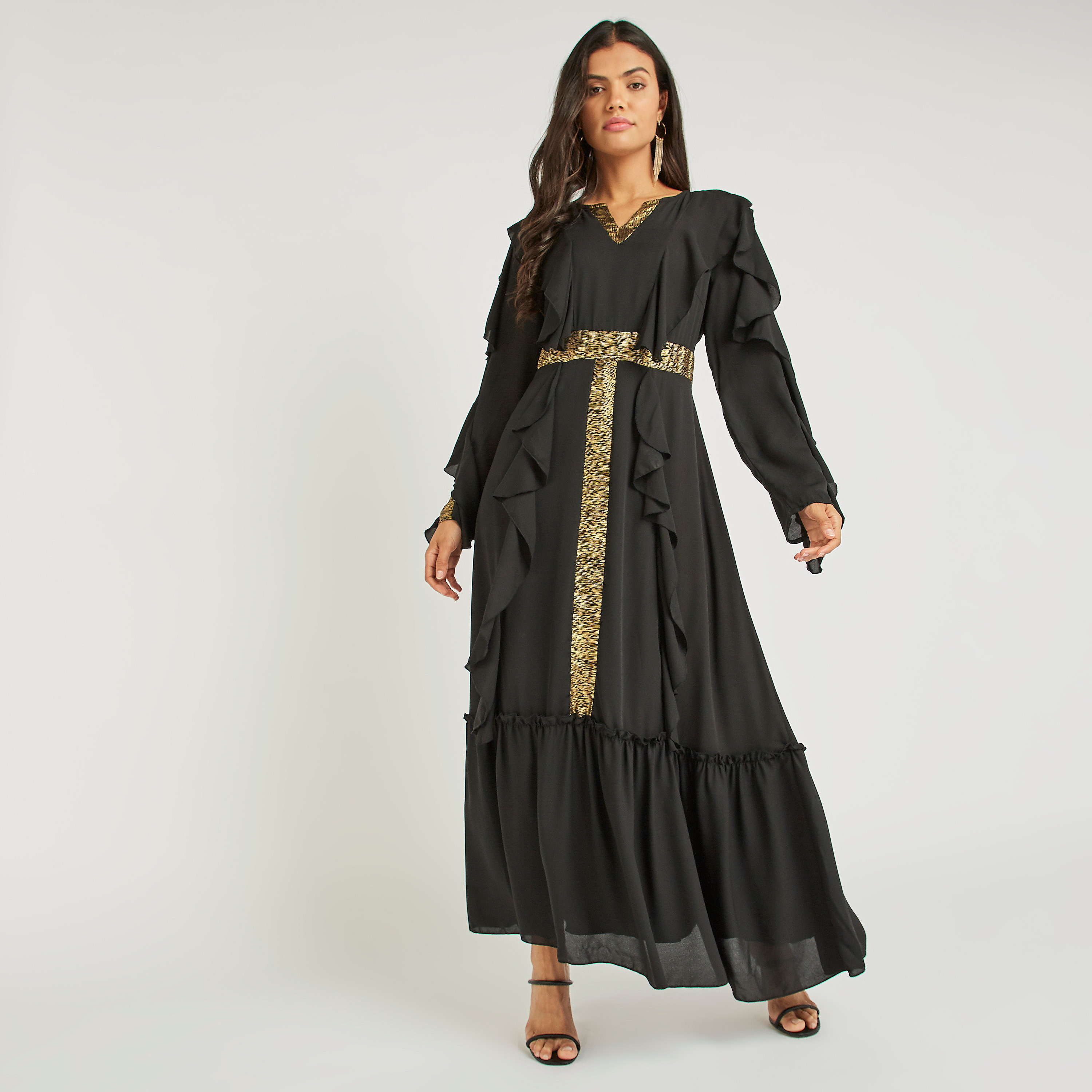 Anotah Maxi A-line Dress with Long Sleeves and Back Zip Closure-women-clothing-dresses-image-2