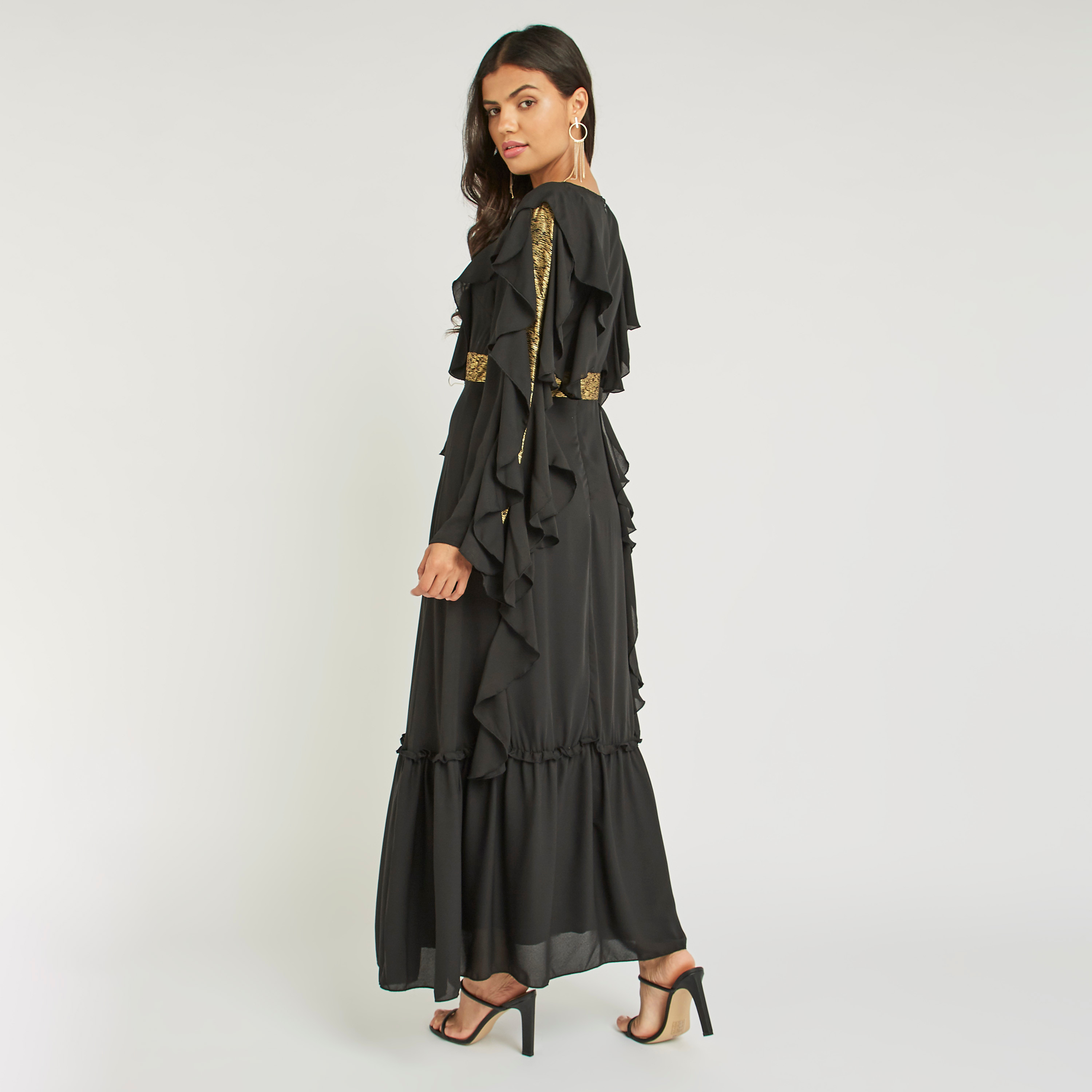 Anotah Maxi A-line Dress with Long Sleeves and Back Zip Closure-women-clothing-dresses-image-4