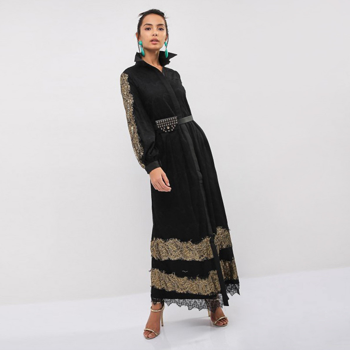 Anotah Lace Embellished A-Line Maxi Dress with Collared Neck-women-clothing-dresses-image-1