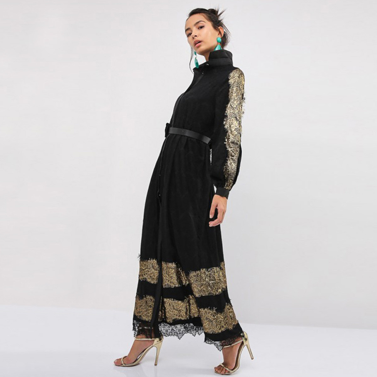 Anotah Lace Embellished A-Line Maxi Dress with Collared Neck-women-clothing-dresses-image-3