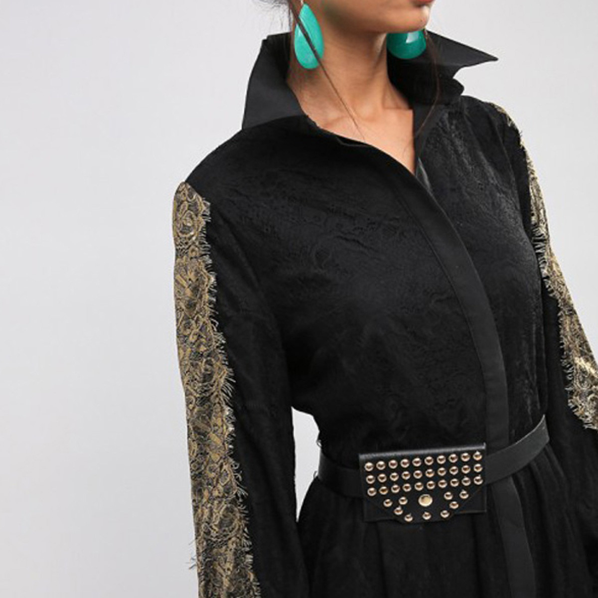 Anotah Lace Embellished A-Line Maxi Dress with Collared Neck-women-clothing-dresses-image-4