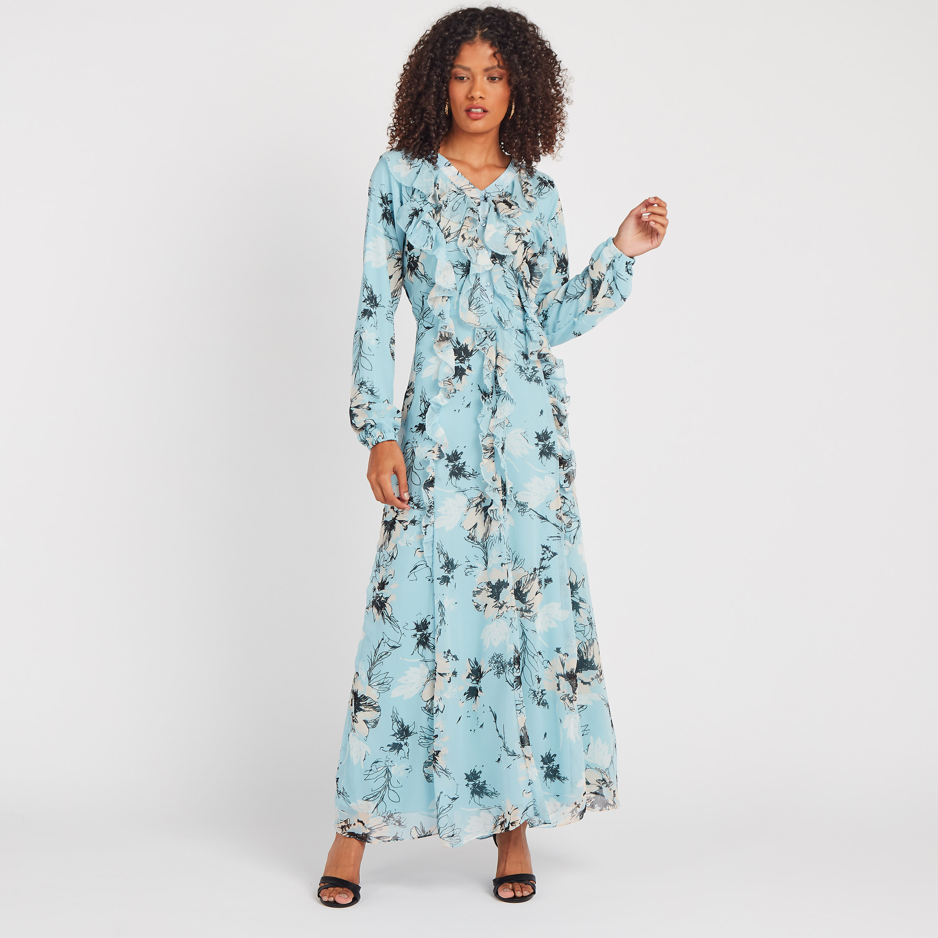 Anotah Printed Maxi A-Line Dress with V-Neck and Long Sleeves-women-clothing-dresses-image-1