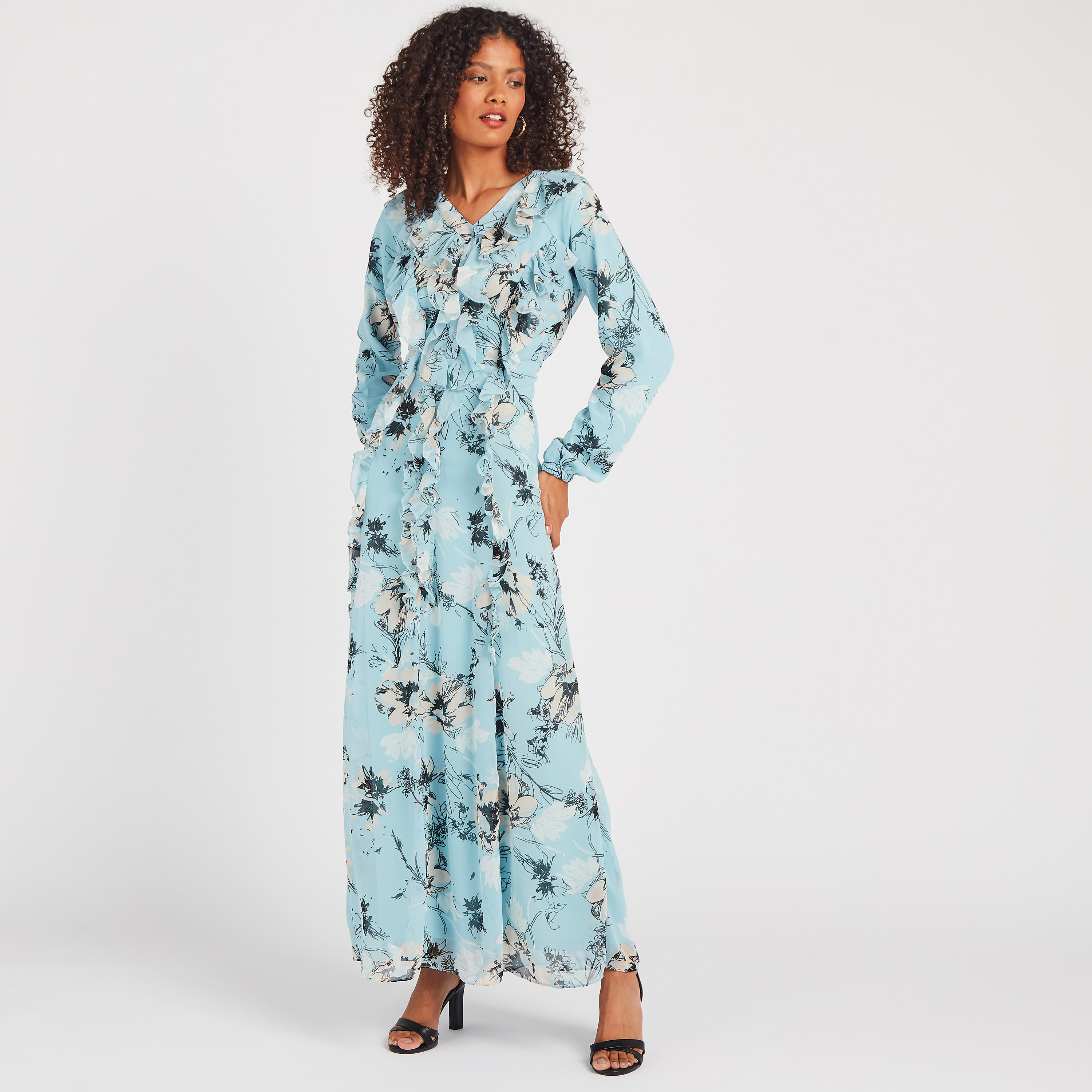 فستان إيه لاين طويل بطبعات وياقة v وأكمام طويلة من أنوتاه-women-clothing-dresses-image-2