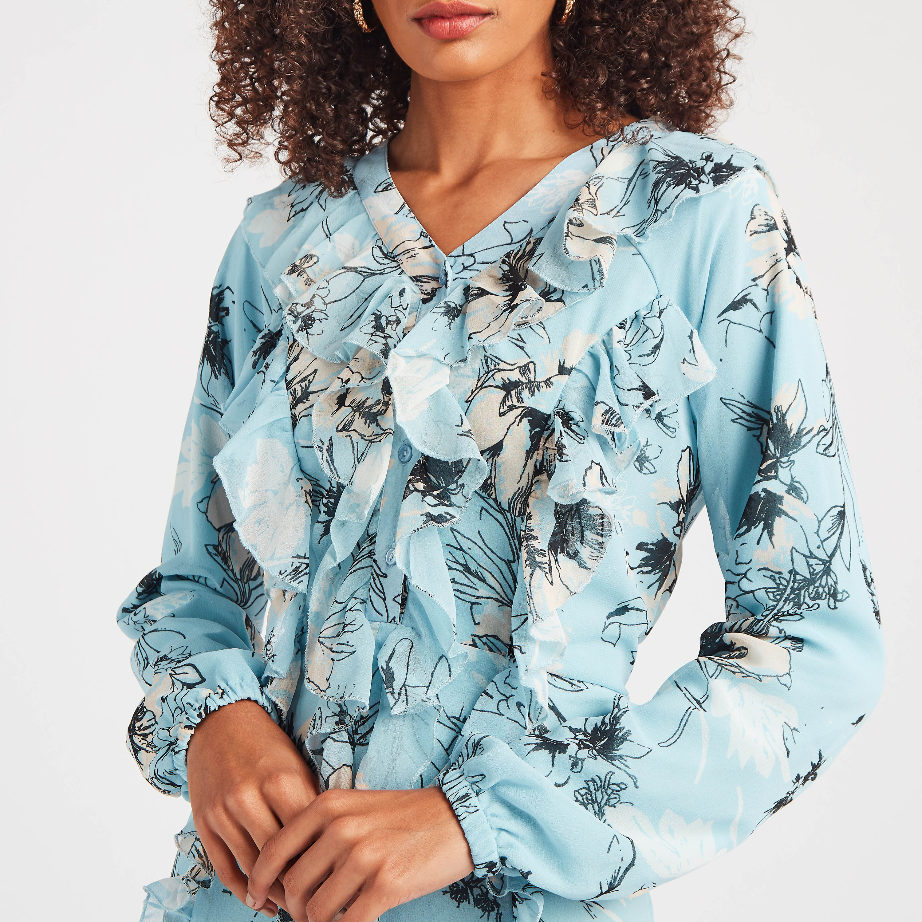 Anotah Printed Maxi A-Line Dress with V-Neck and Long Sleeves-women-clothing-dresses-image-3