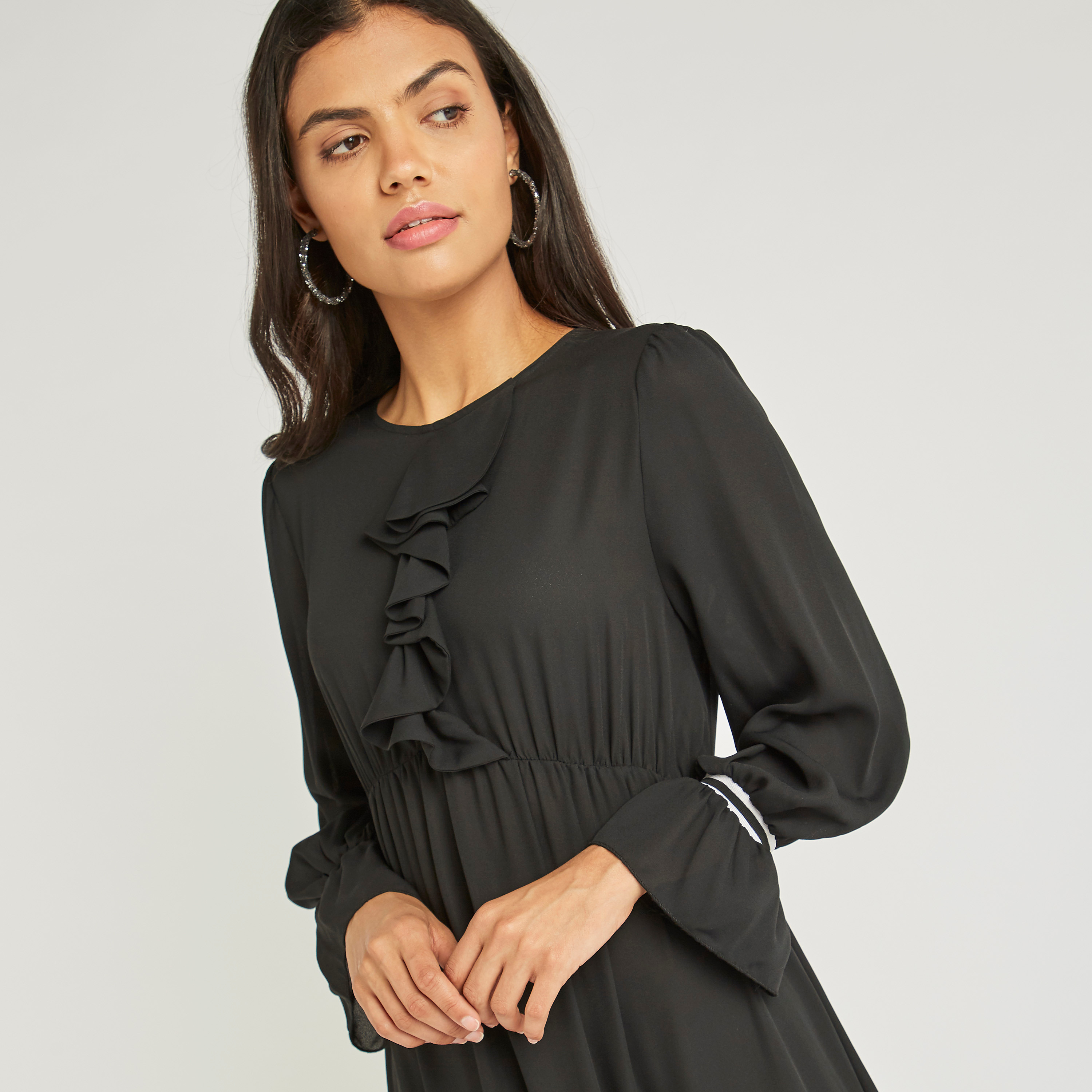 فستان إيه لاين طويل بياقة مستديرة مكشكشة وأكمام طويلة من أنوتاه-women-clothing-dresses-image-1