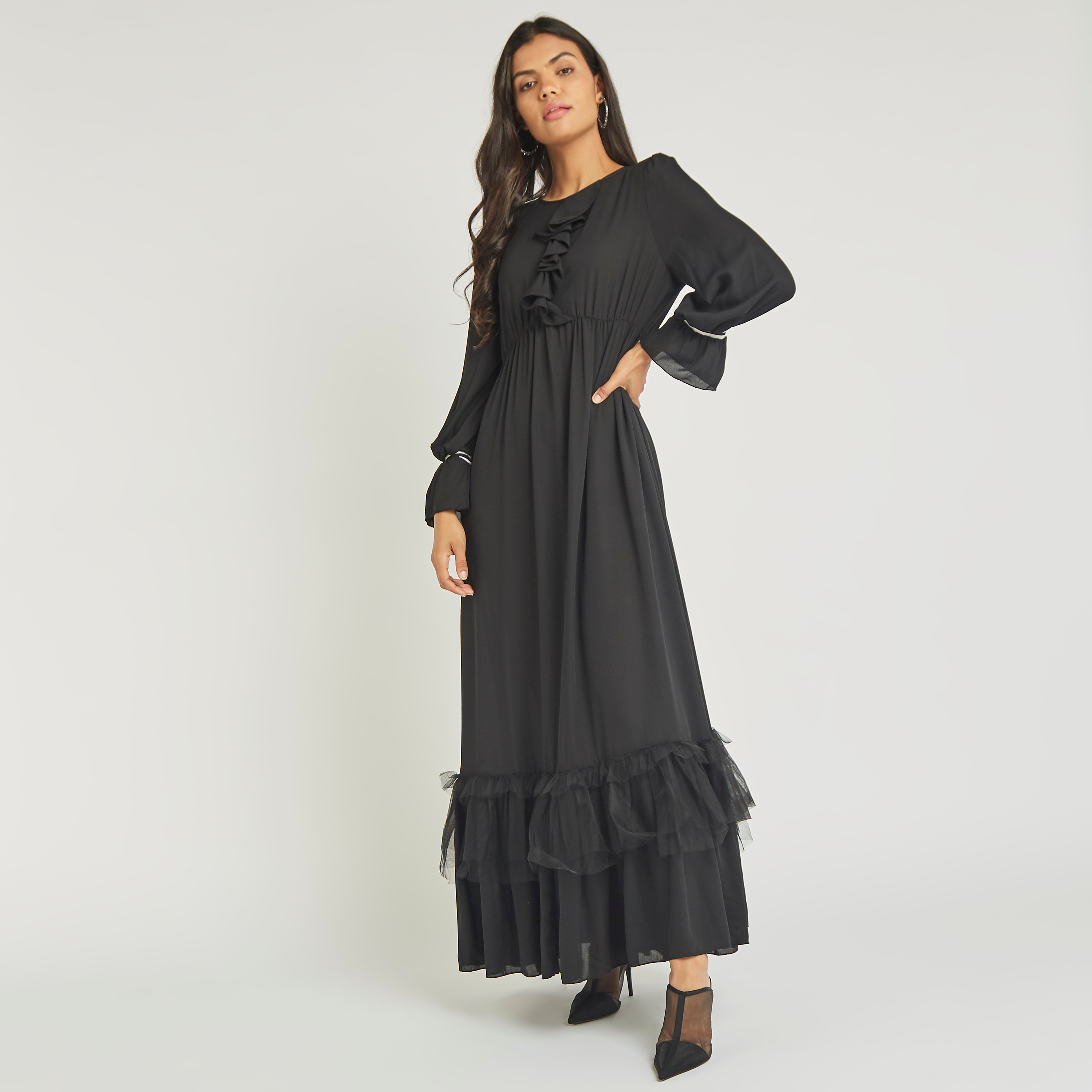 فستان إيه لاين طويل بياقة مستديرة مكشكشة وأكمام طويلة من أنوتاه-women-clothing-dresses-image-3
