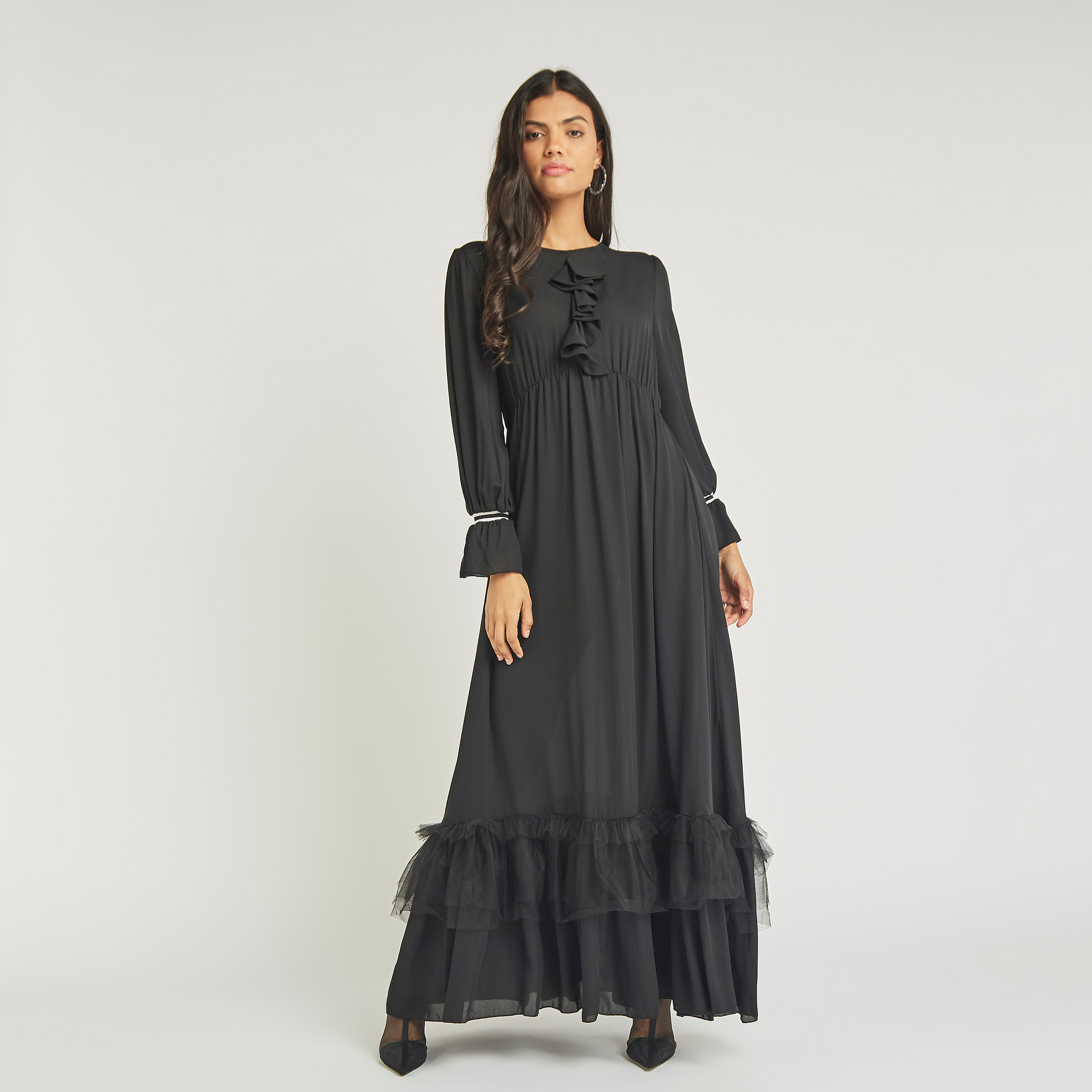Anotah Ruffle Round Neck Maxi A-line Dress with Long Sleeves-women-clothing-dresses-image-4