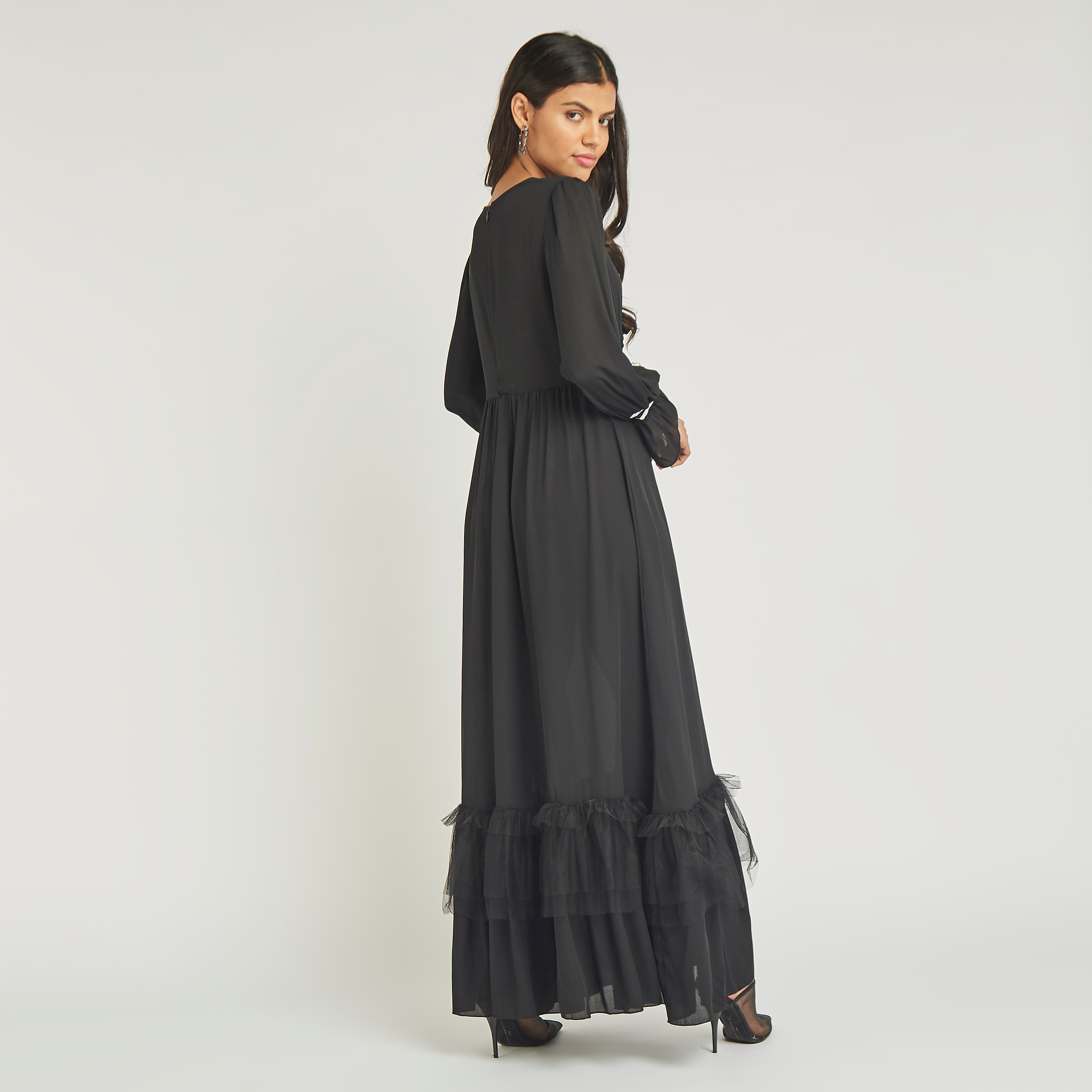 Anotah Ruffle Round Neck Maxi A-line Dress with Long Sleeves-women-clothing-dresses-image-5