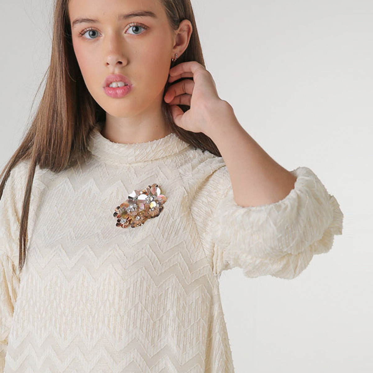 Anotah Textured Mini Dress with 3/4 Sleeves and Embellishments-girls-clothing-dressesandjumpsuits-image-1