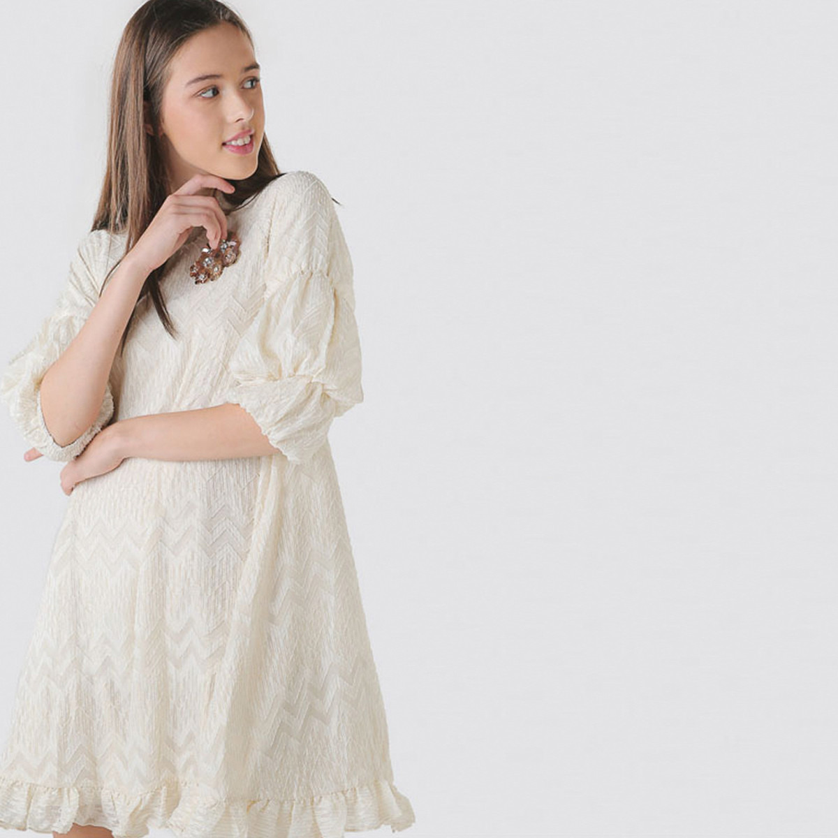 Anotah Textured Mini Dress with 3/4 Sleeves and Embellishments-girls-clothing-dressesandjumpsuits-image-2