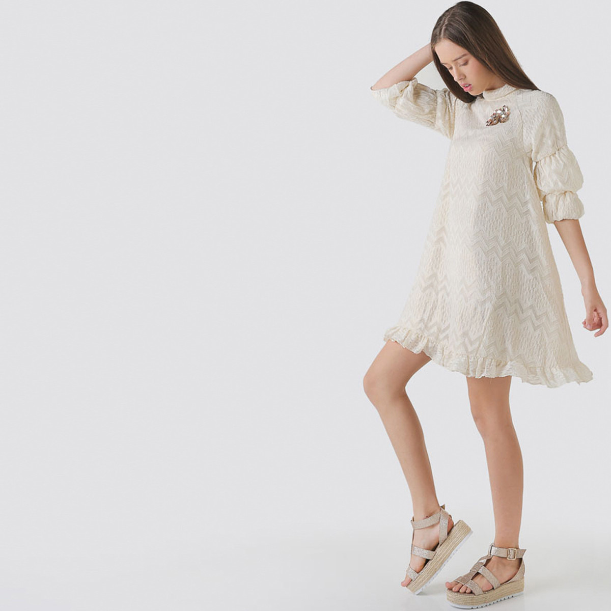 Anotah Textured Mini Dress with 3/4 Sleeves and Embellishments-girls-clothing-dressesandjumpsuits-image-3