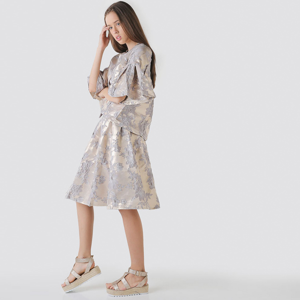 Anotah Embroidered Midi Skirt with Pleats and Elasticised Waistband-girls-clothing-bottoms-skirts-image-2
