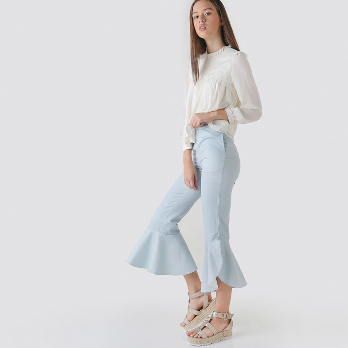 Anotah Plain Trousers with Flared Hem and Pockets-girls-clothing-bottoms-jeansandjeggings-image-2