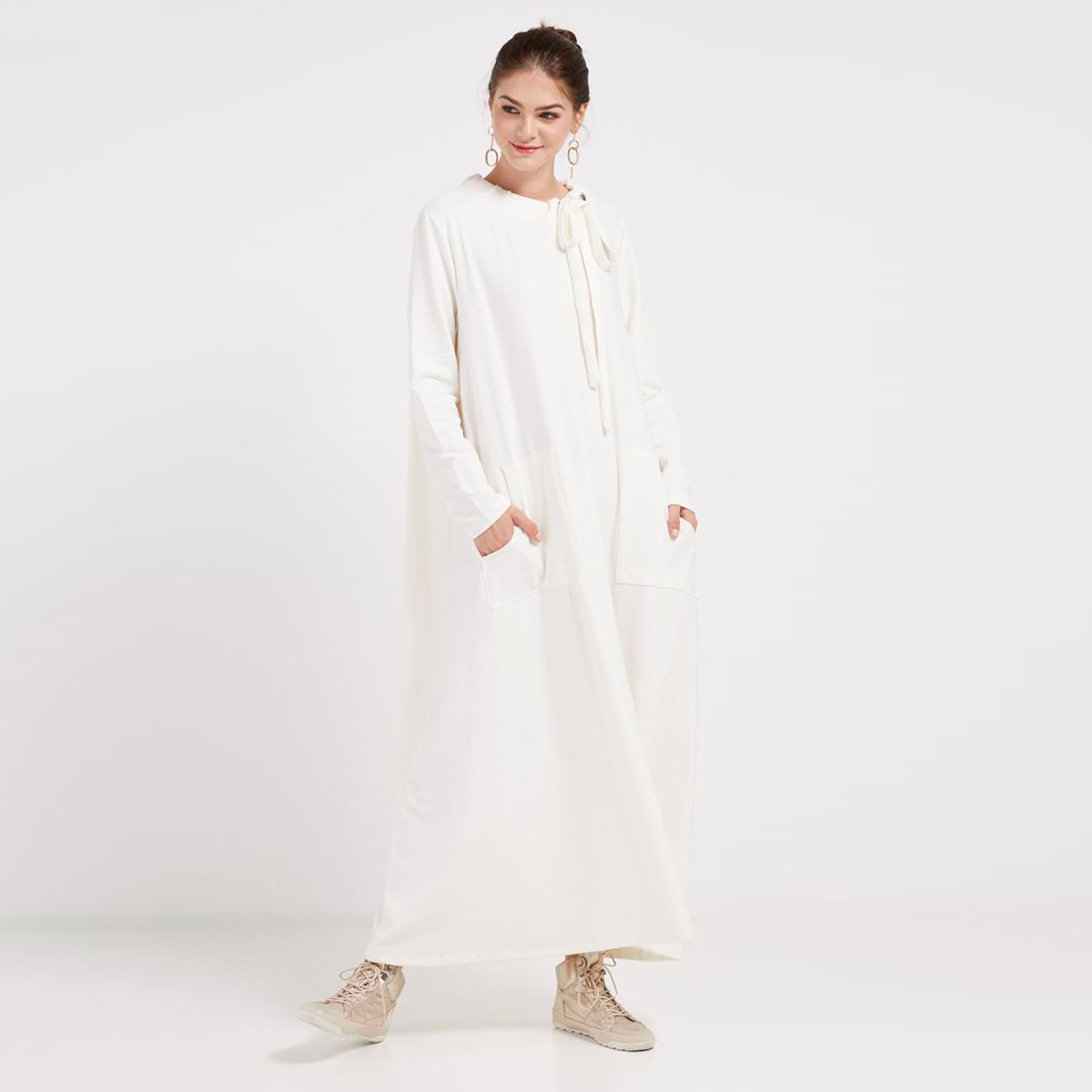 Anotah Solid A-line Maxi Dress with Long Sleeves and Patch Pocket-women-clothing-dresses-image-1