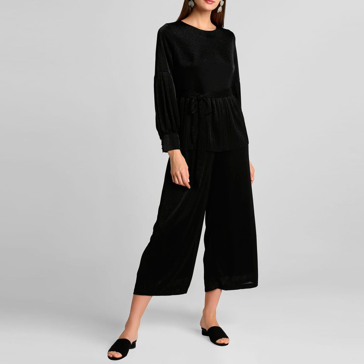 Anotah Textured Peplum Jumpsuit with Long Sleeves and Belt-women-clothing-dresses-image-1