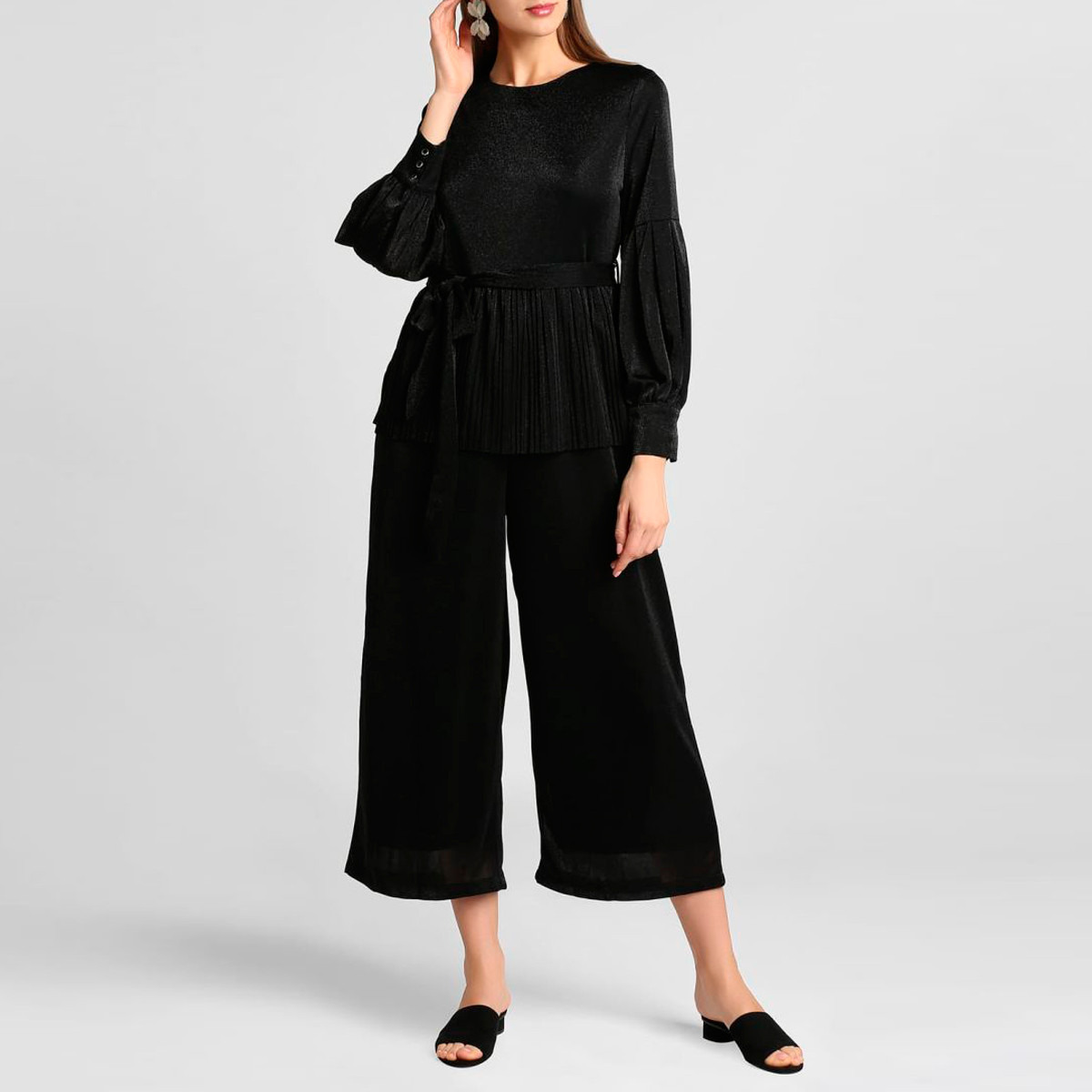 Anotah Textured Peplum Jumpsuit with Long Sleeves and Belt-women-clothing-dresses-image-2
