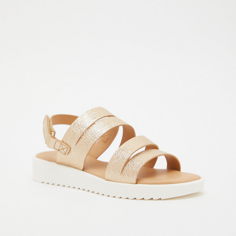 Textured Open Toe Flat Sandals with Hook and Loop Closure