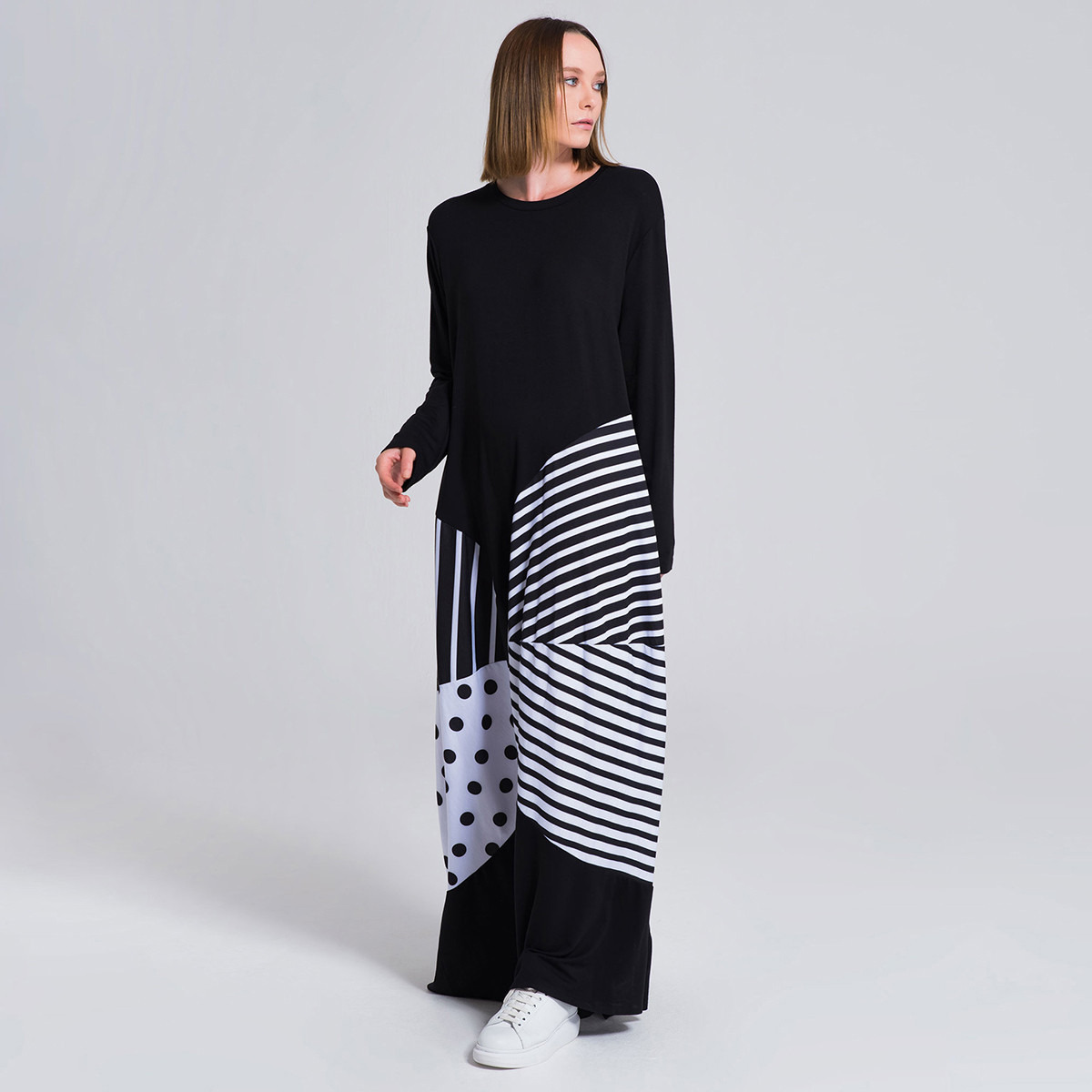 فستان طويل إيه لاين مخطط بياقة مستديرة وأكمام طويلة من إليجانزا-women-clothing-dresses-image-1