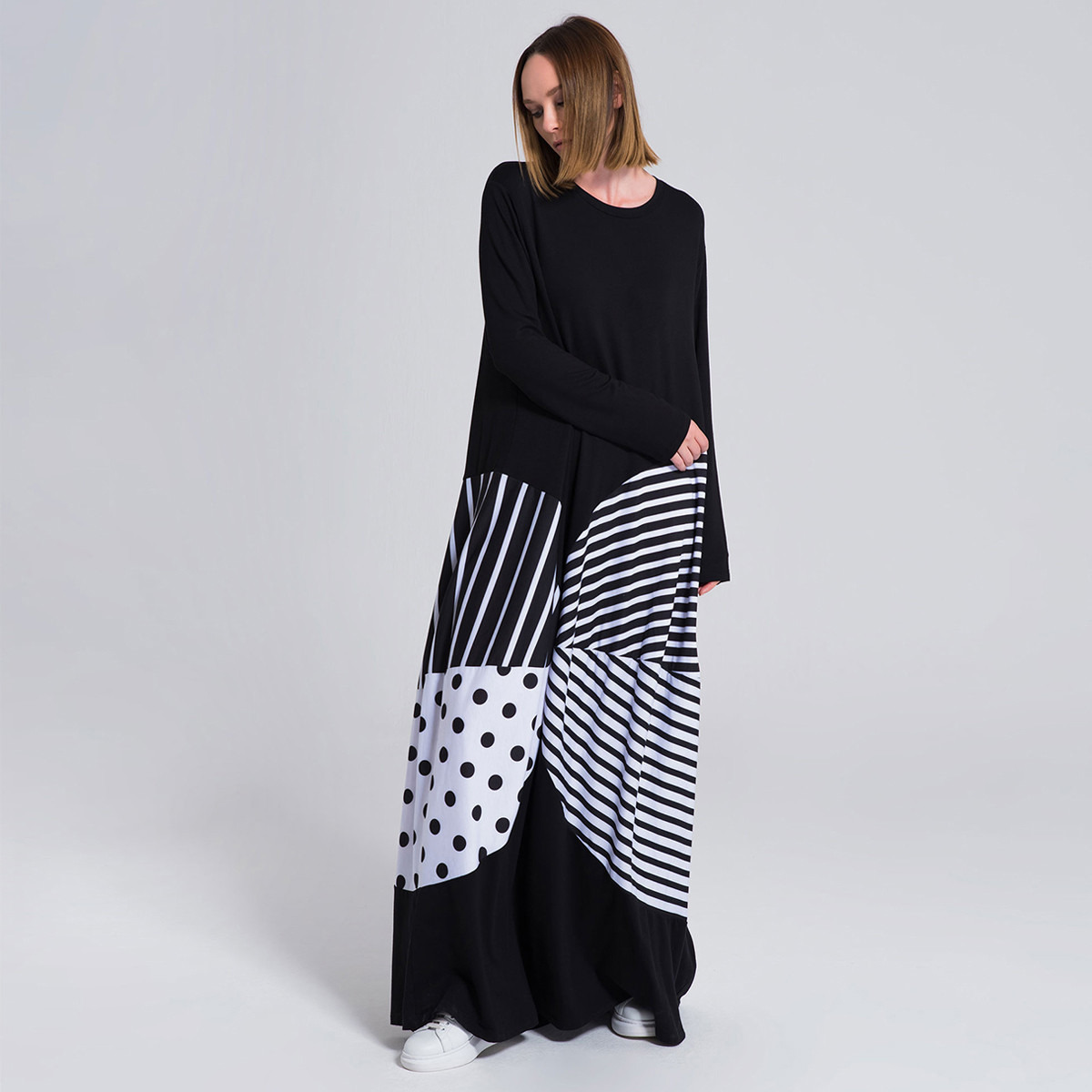 فستان طويل إيه لاين مخطط بياقة مستديرة وأكمام طويلة من إليجانزا-women-clothing-dresses-image-2