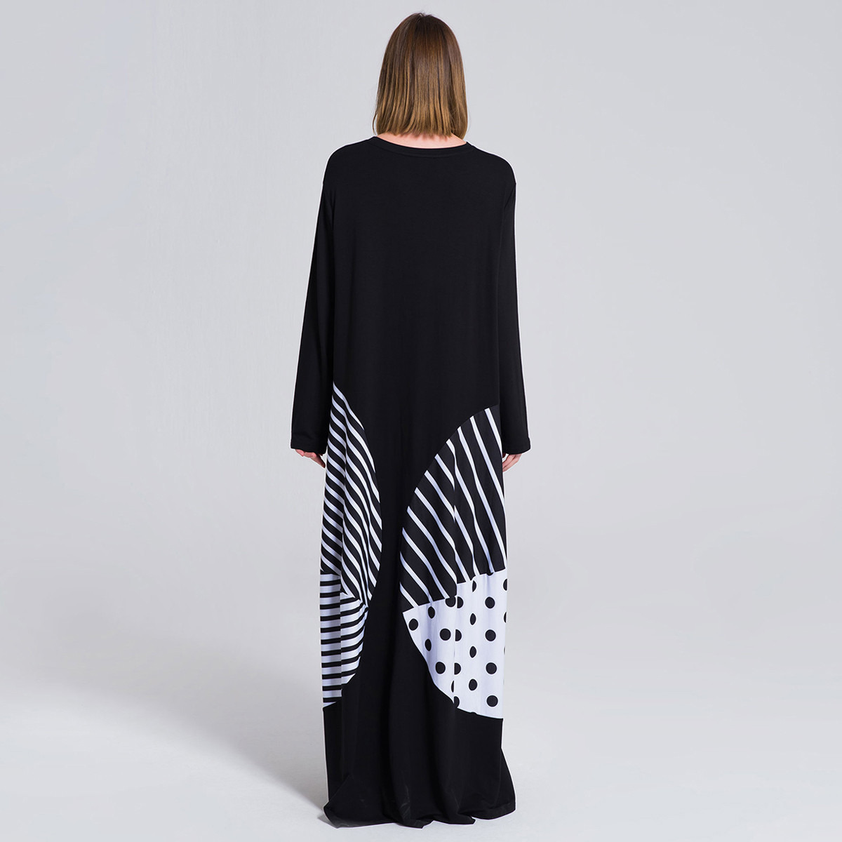 فستان طويل إيه لاين مخطط بياقة مستديرة وأكمام طويلة من إليجانزا-women-clothing-dresses-image-3