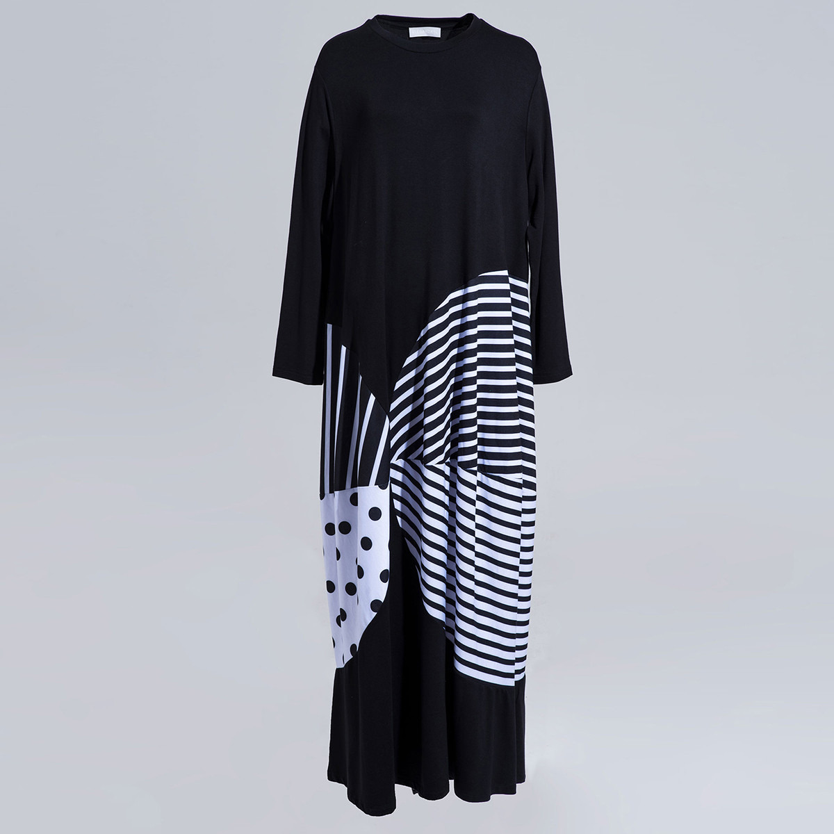فستان طويل إيه لاين مخطط بياقة مستديرة وأكمام طويلة من إليجانزا-women-clothing-dresses-image-4