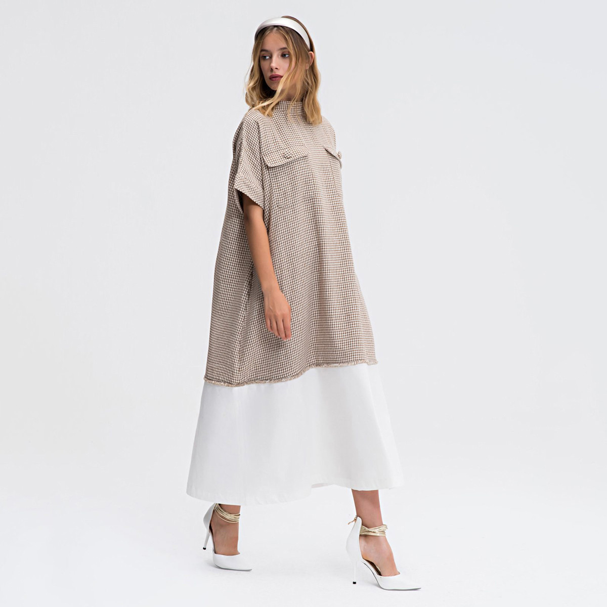 فستان ميدي إيه لاين بارز الملمس بياقة عالية وأكمام قصيرة من أنوتاه-women-clothing-dresses-image-1