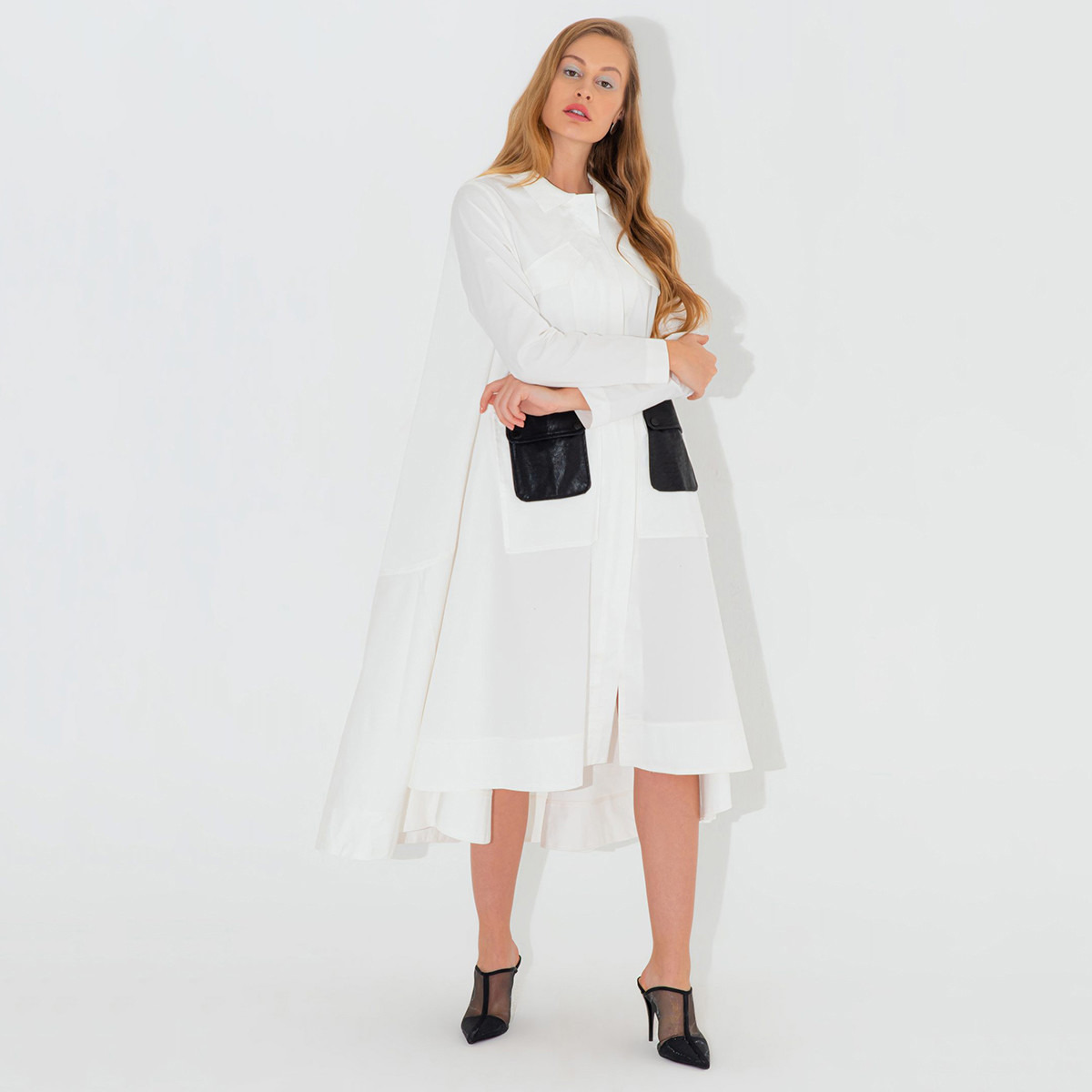 Anotah Solid Midi Asymmetric Dress with Long Sleeves and Flap Pockets-women-clothing-dresses-image-1