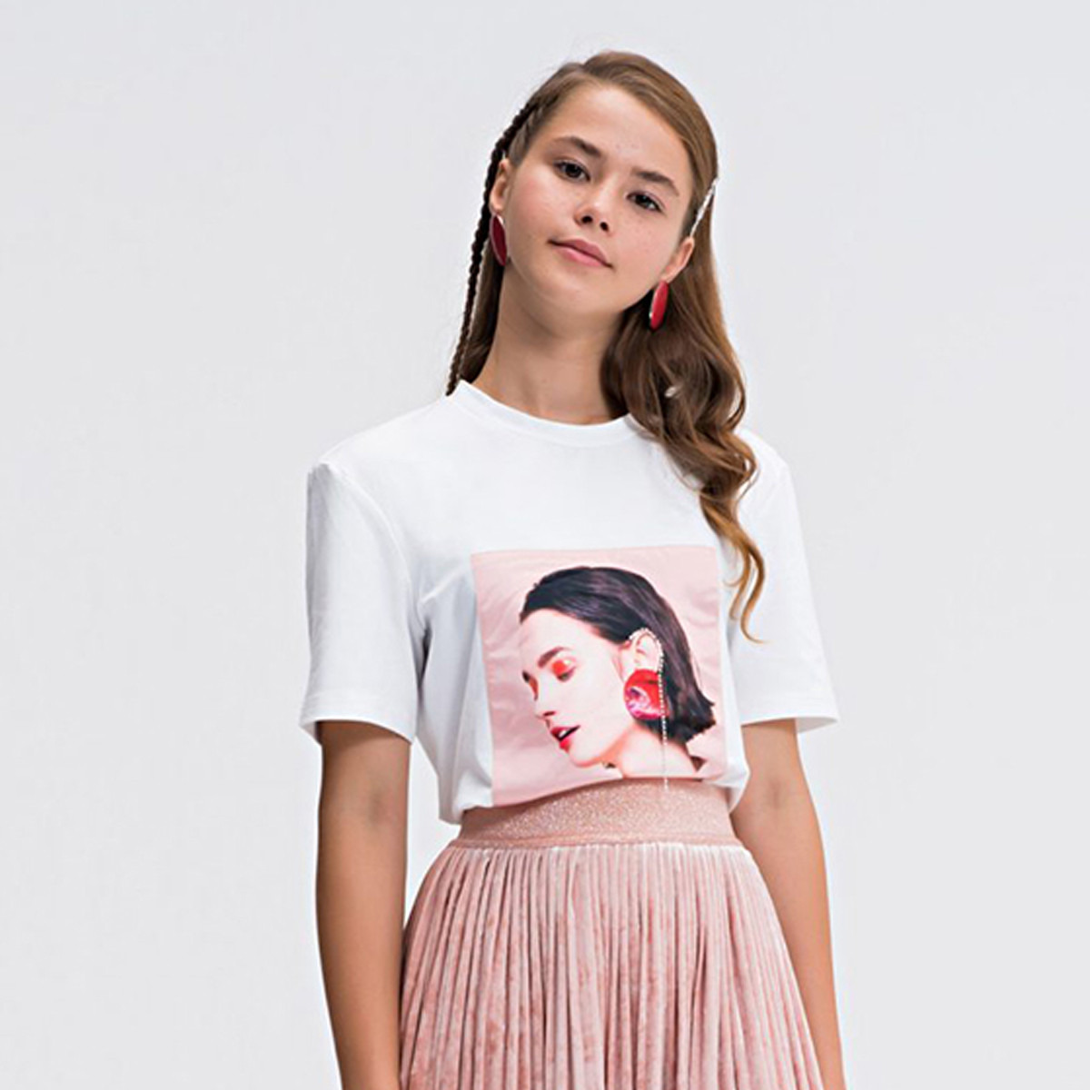 Anotah Printed Round Neck T-shirt with Short Sleeves-girls-clothing-blousesandshirts-image-1