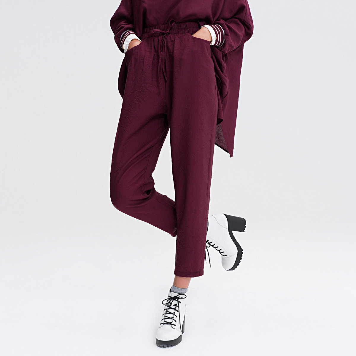 Anotah Solid Mid-Rise Trousers with Drawstring Closure-women-clothing-bottoms-trousers-image-1
