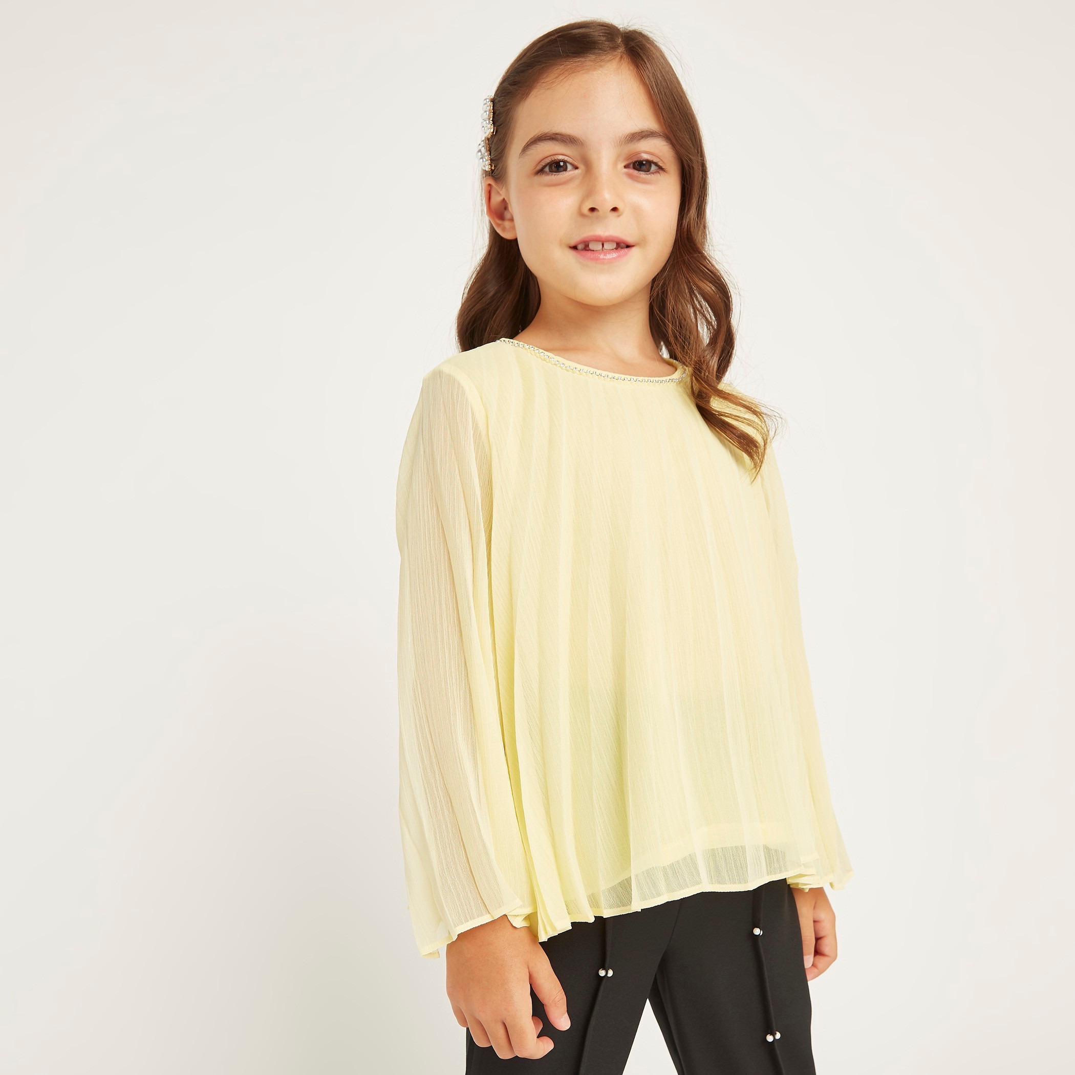 Anotah Textured Round Neck Top with Long Sleeves-girls-clothing-blousesandshirts-image-1