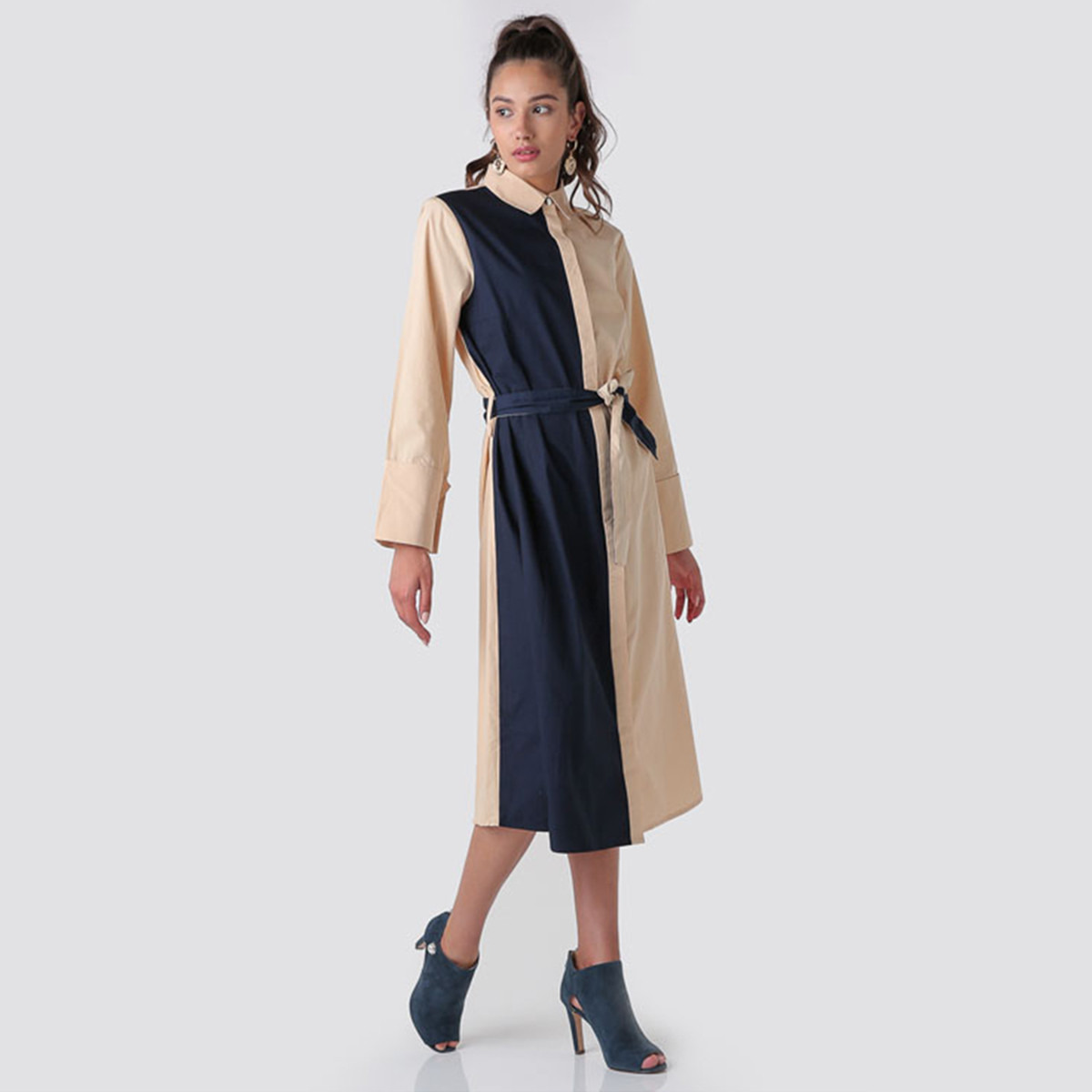 Anotah Colourblock Midi Dress with Long Sleeves and Belt-women-clothing-dresses-image-1