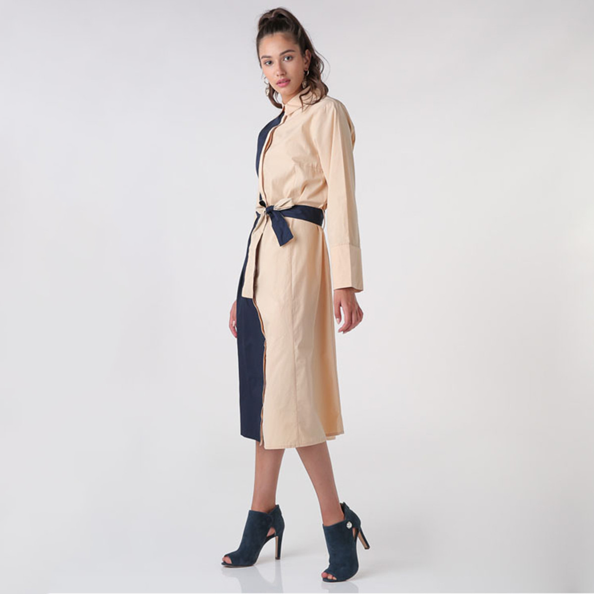 Anotah Colourblock Midi Dress with Long Sleeves and Belt-women-clothing-dresses-image-2
