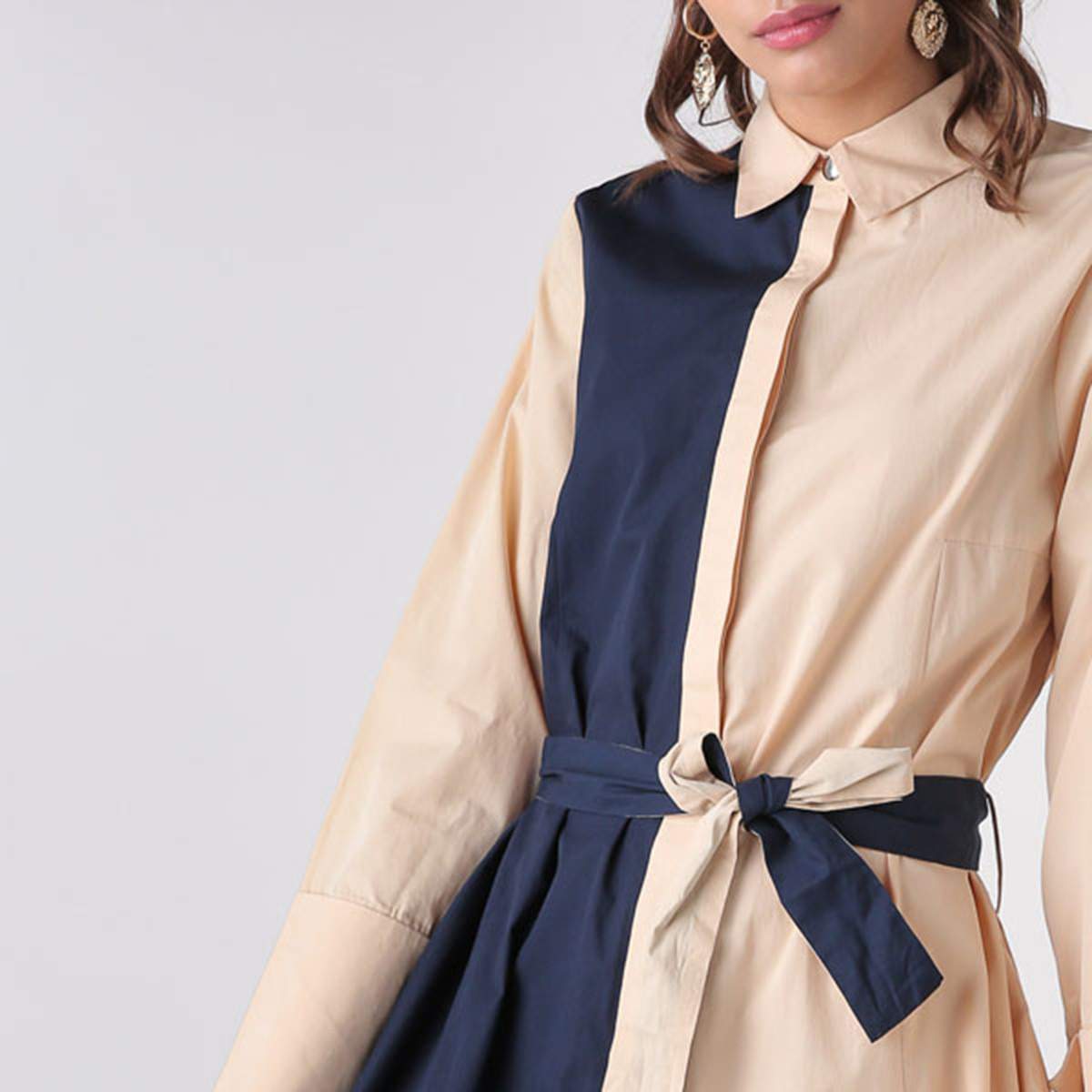 Anotah Colourblock Midi Dress with Long Sleeves and Belt-women-clothing-dresses-image-4