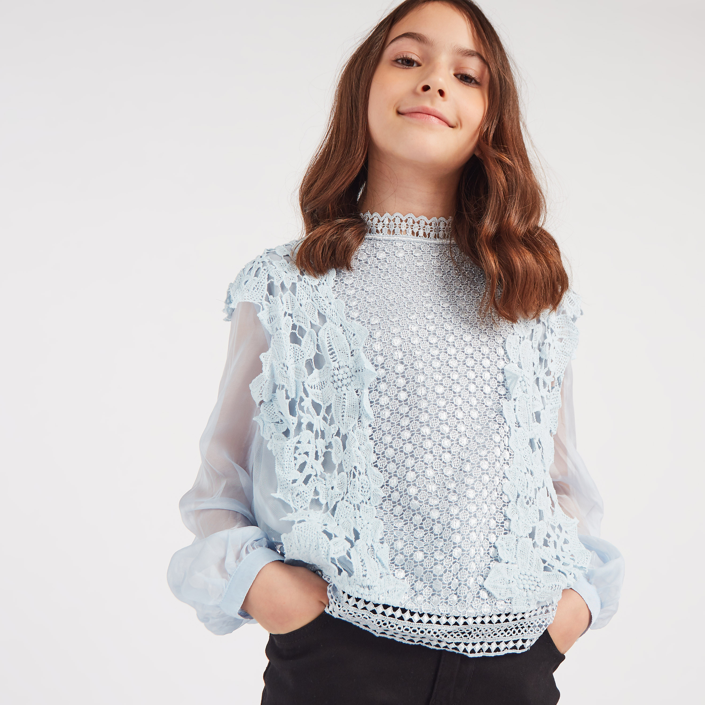 Anotah Lace Detail High Neck Blouse with Long Sleeves and Zip Closure-girls-clothing-blousesandshirts-image-1