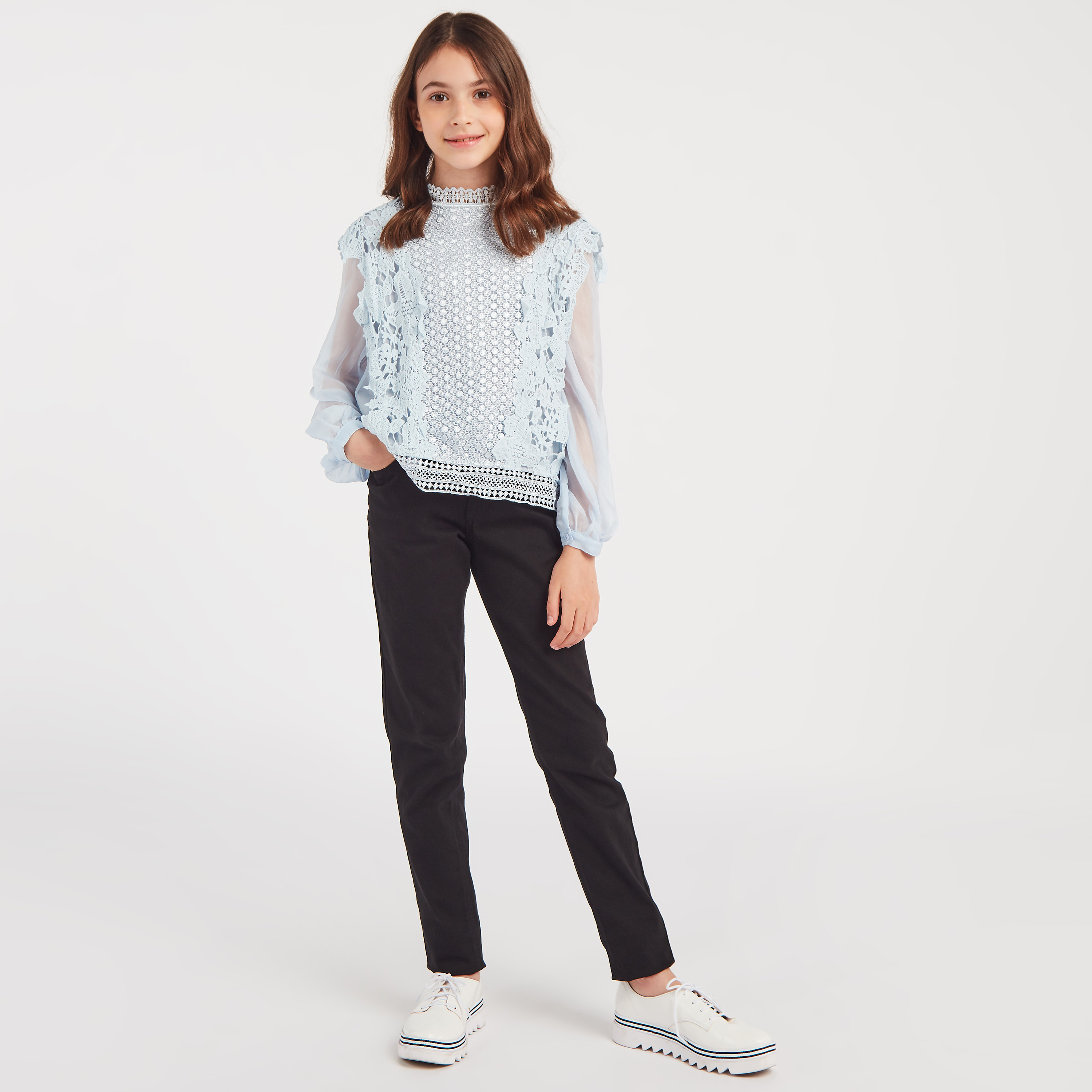 Anotah Lace Detail High Neck Blouse with Long Sleeves and Zip Closure-girls-clothing-blousesandshirts-image-2