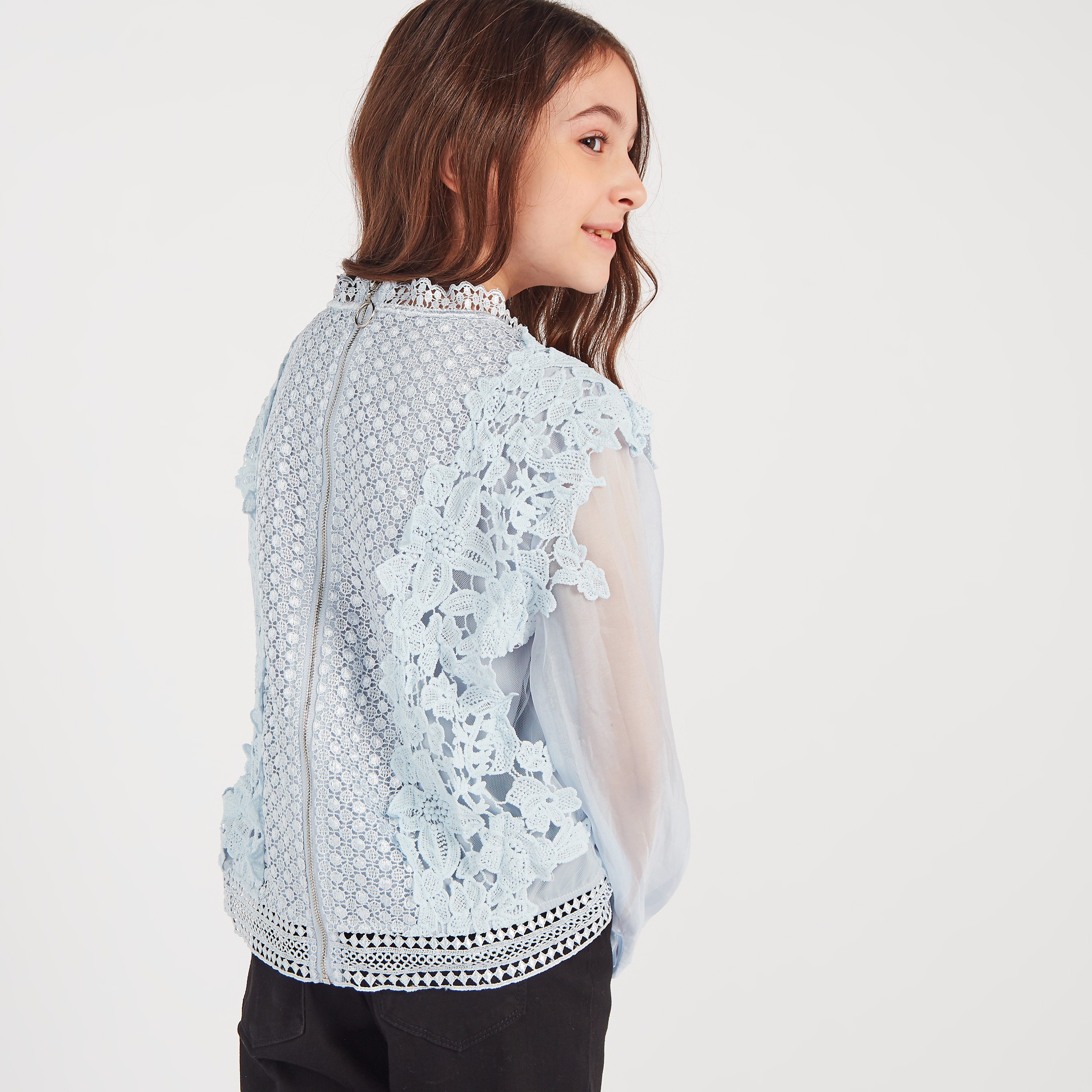 Anotah Lace Detail High Neck Blouse with Long Sleeves and Zip Closure-girls-clothing-blousesandshirts-image-4