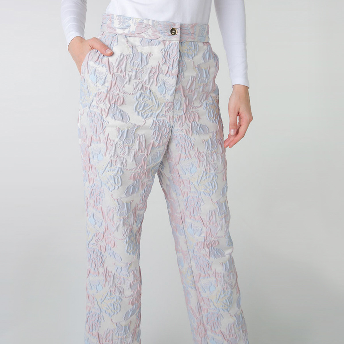 Anotah Textured Mid-Rise Trousers with Pockets and Button Closure-women-clothing-bottoms-trousers-image-3