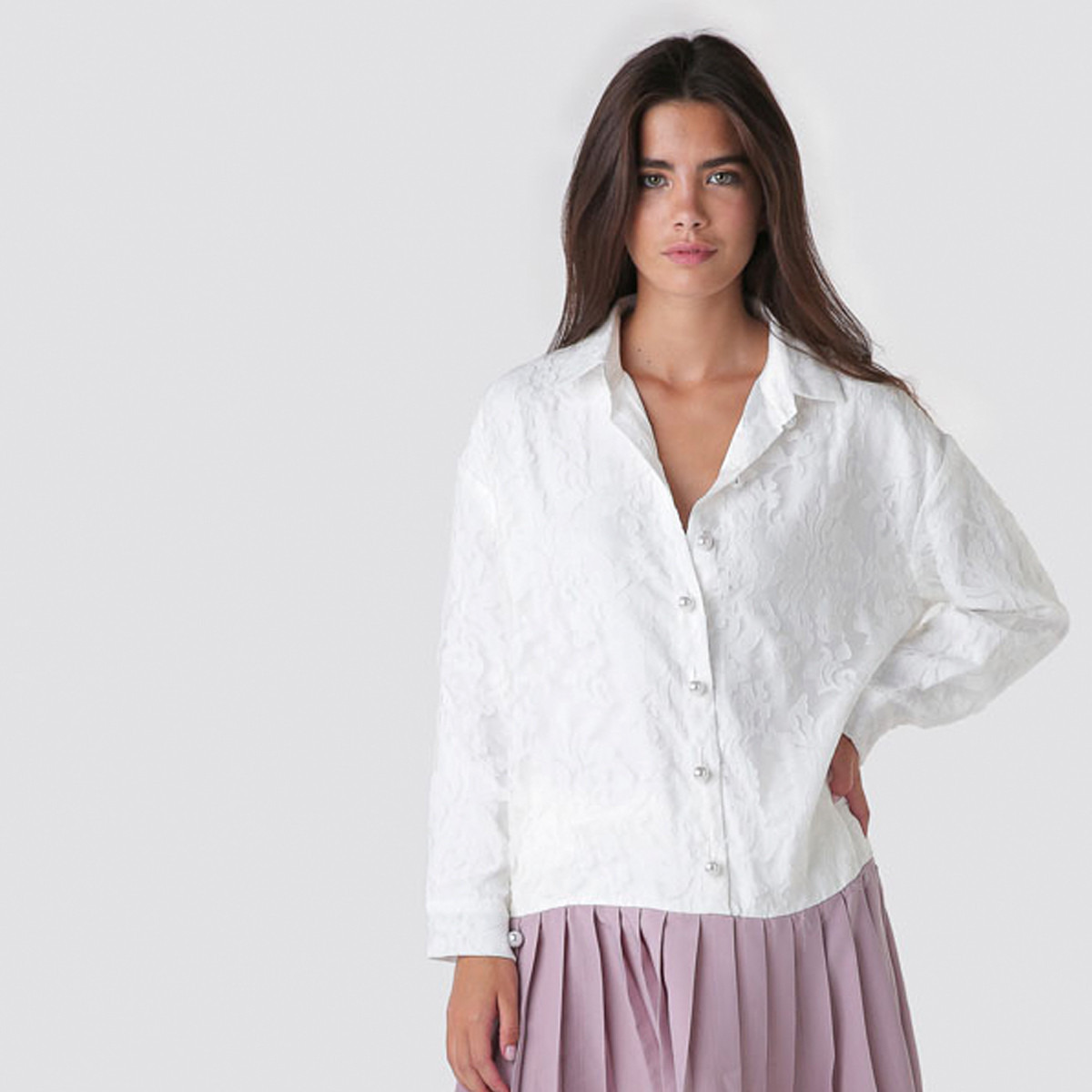 Anotah Floral Embroidered Collared Lace Shirt with Long Sleeves-women-clothing-shirtsandblouses-blouses-image-1