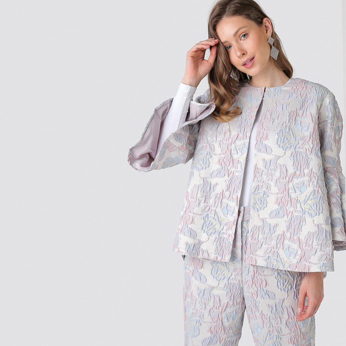 Anotah Embossed Jacket with Flared Long Sleeves-women-winterwear-coatsandjackets-jackets-image-1