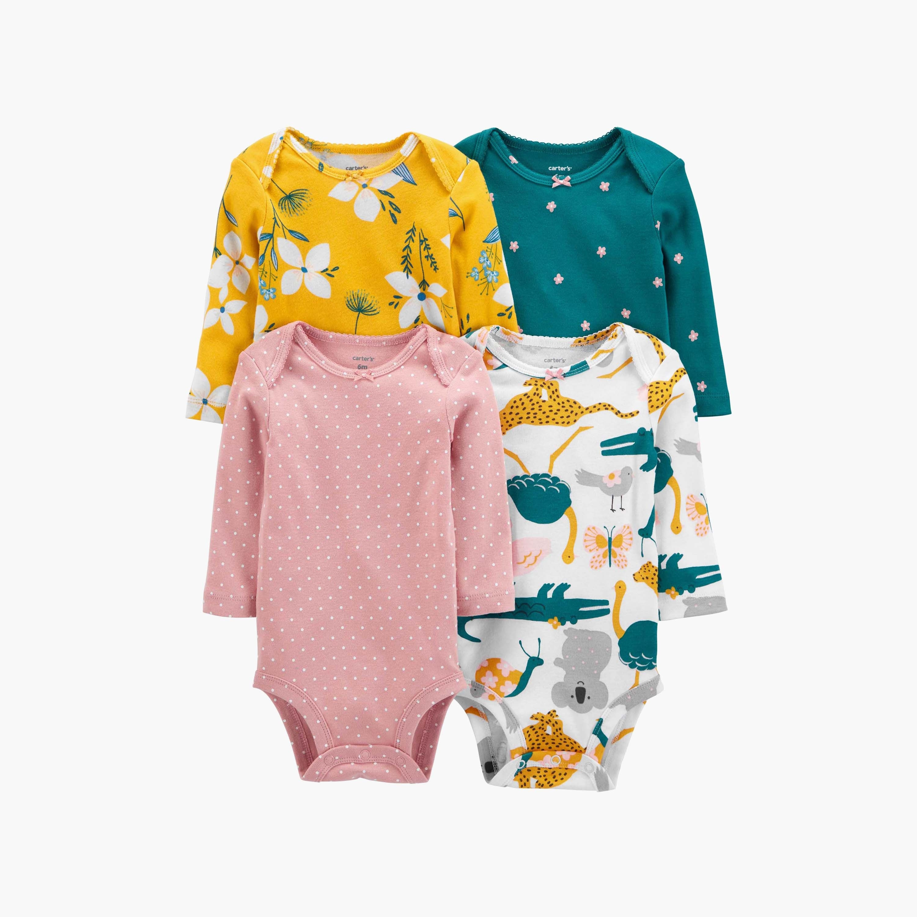بودي سوت بطبعة وأكمام طويلة من كارترز - مجموعة 4 قطع-baby-girls-clothing-bodysuits-image-1